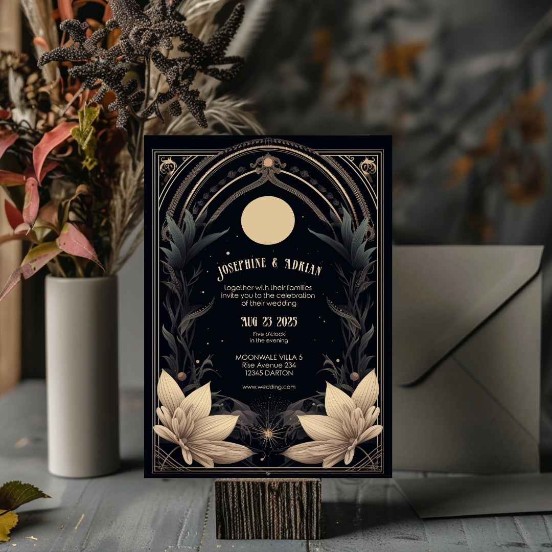 Celestial Floral Art Deco Wedding Invitation