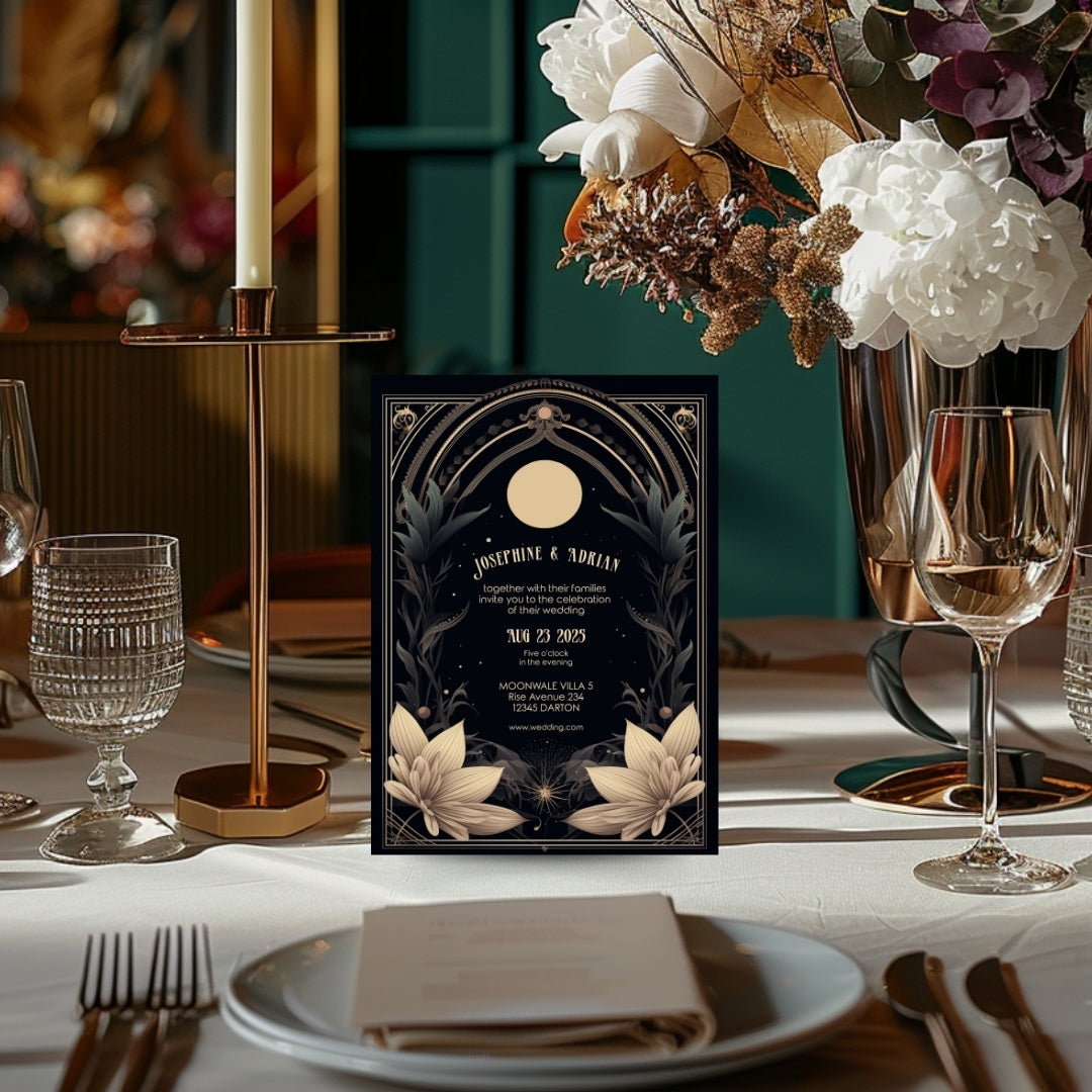 Celestial Floral Art Deco Wedding Invitation