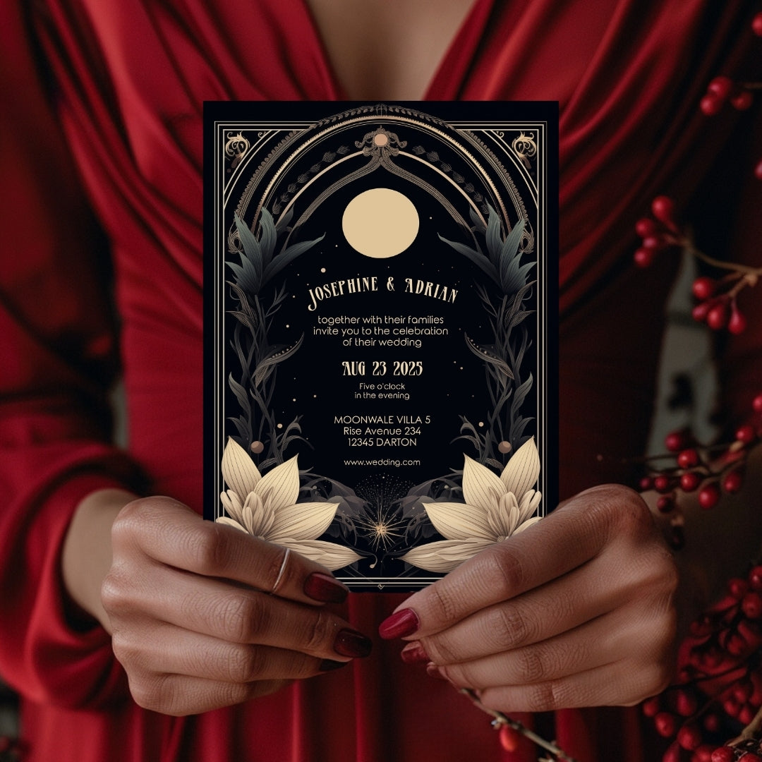 Celestial Floral Art Deco Wedding Invitation