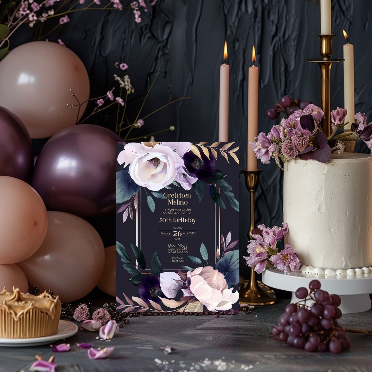 Modern Luxury Dark Floral Birthday Invitation
