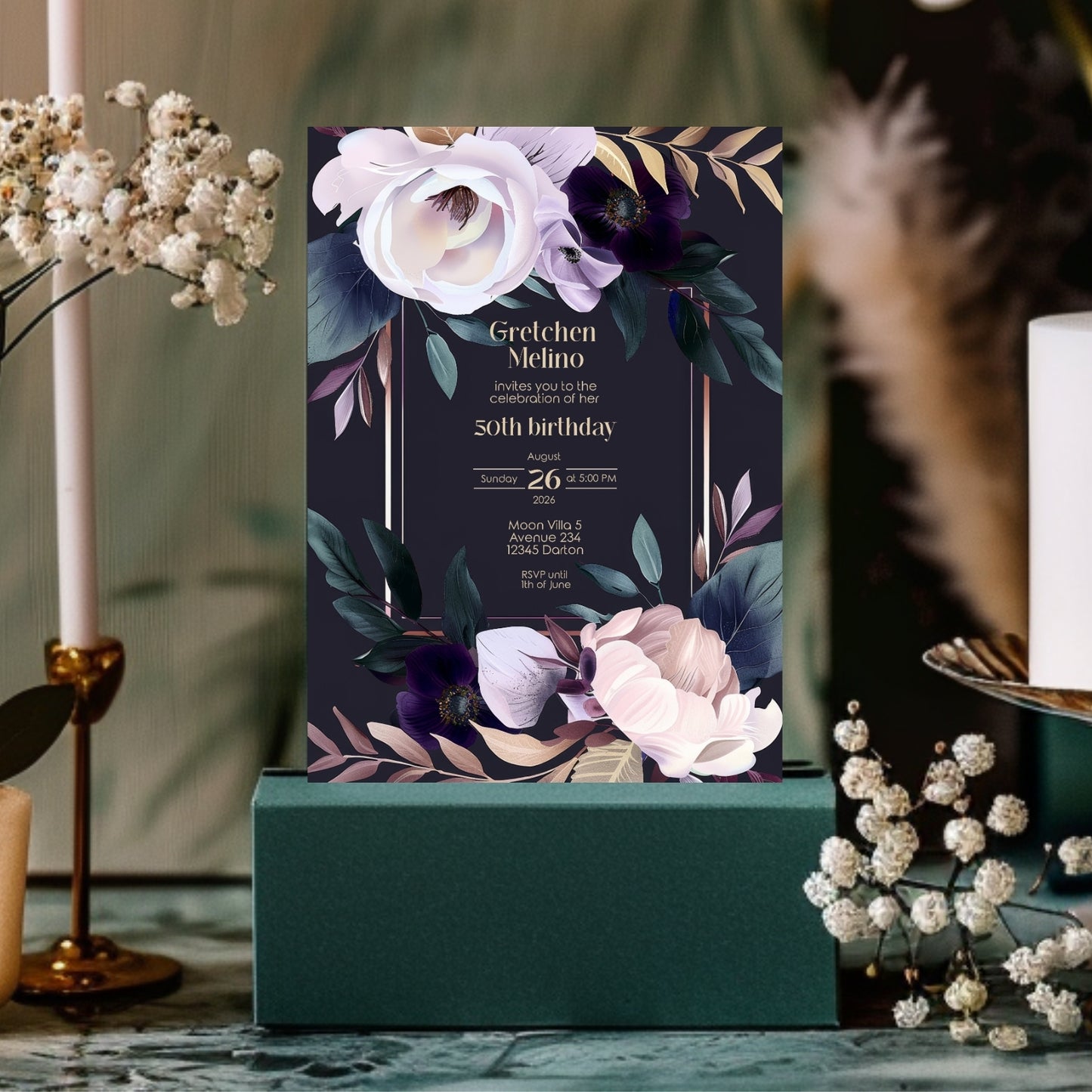 Modern Luxury Dark Floral Birthday Invitation