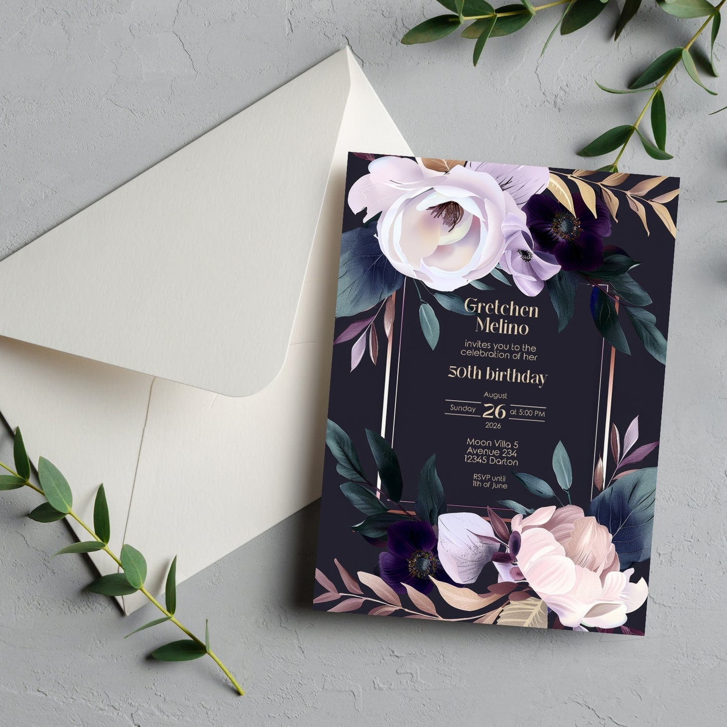 Modern Luxury Dark Floral Birthday Invitation
