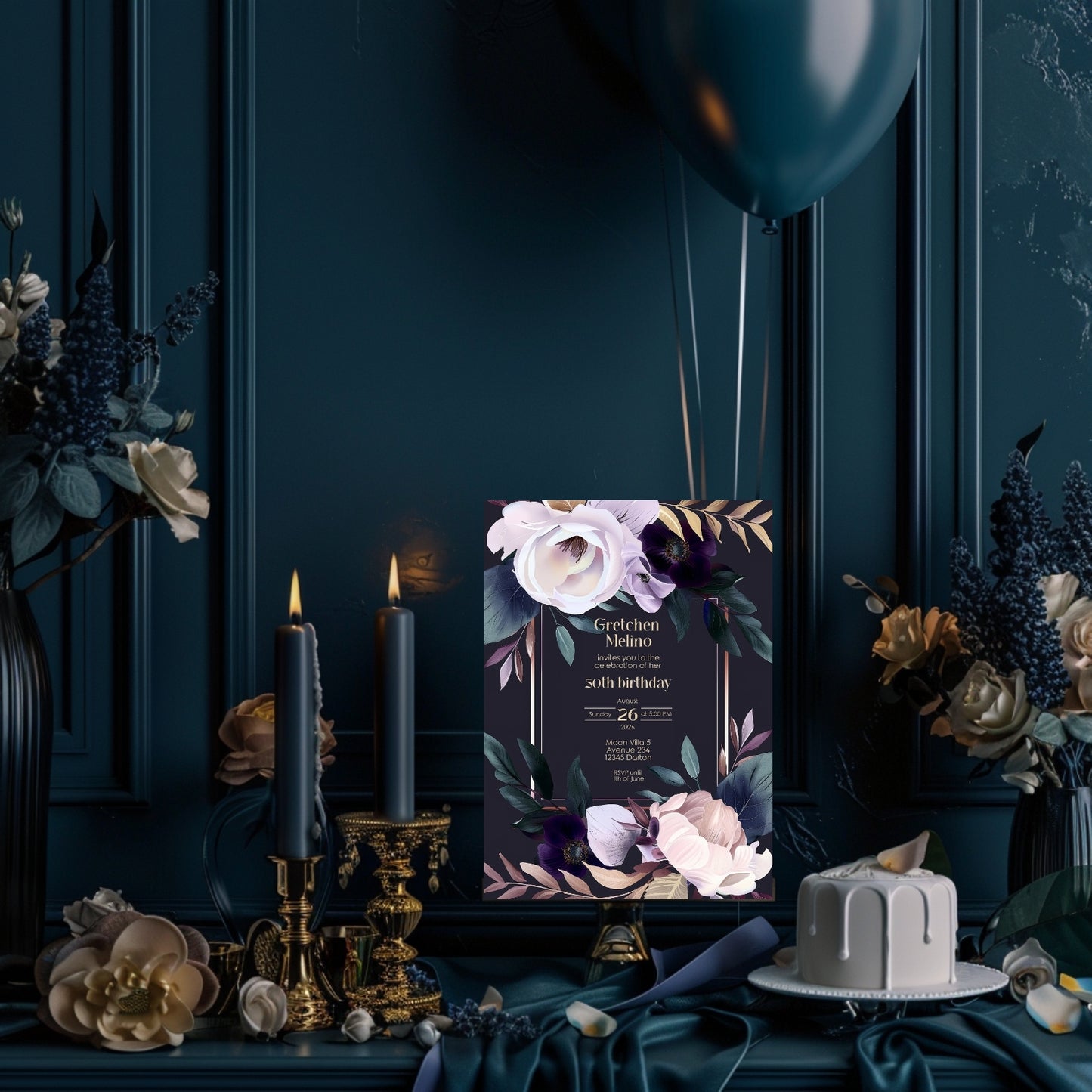 Modern Luxury Dark Floral Birthday Invitation