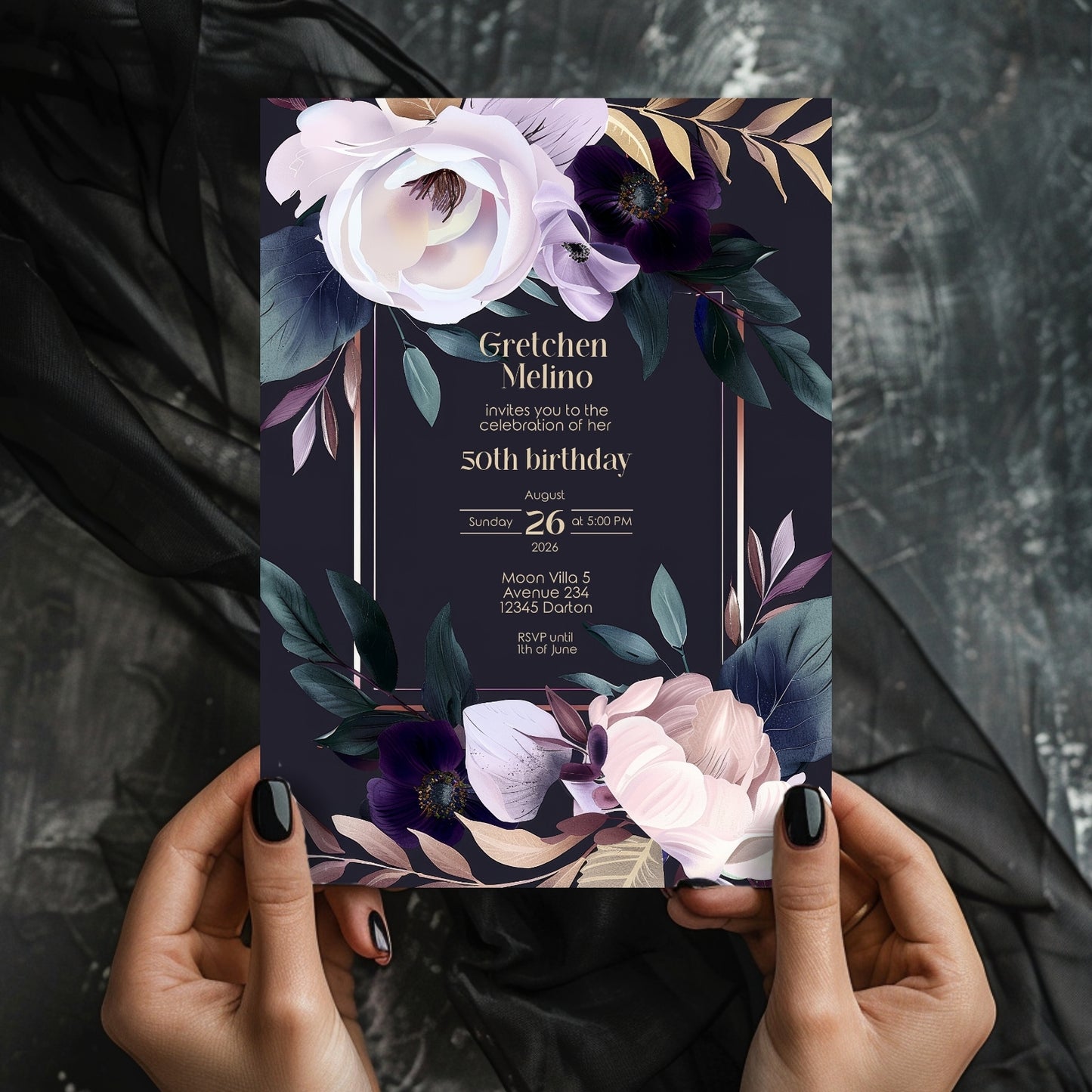 Modern Luxury Dark Floral Birthday Invitation