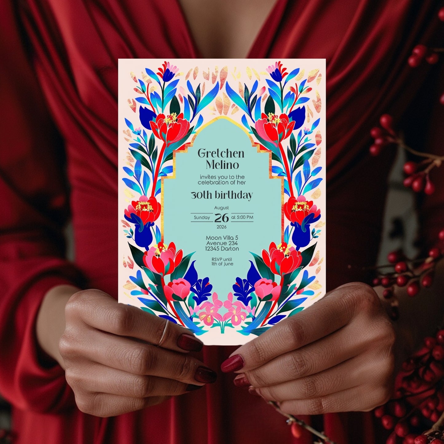 Elegant Modern Floral Folk Art Birthday Invitation