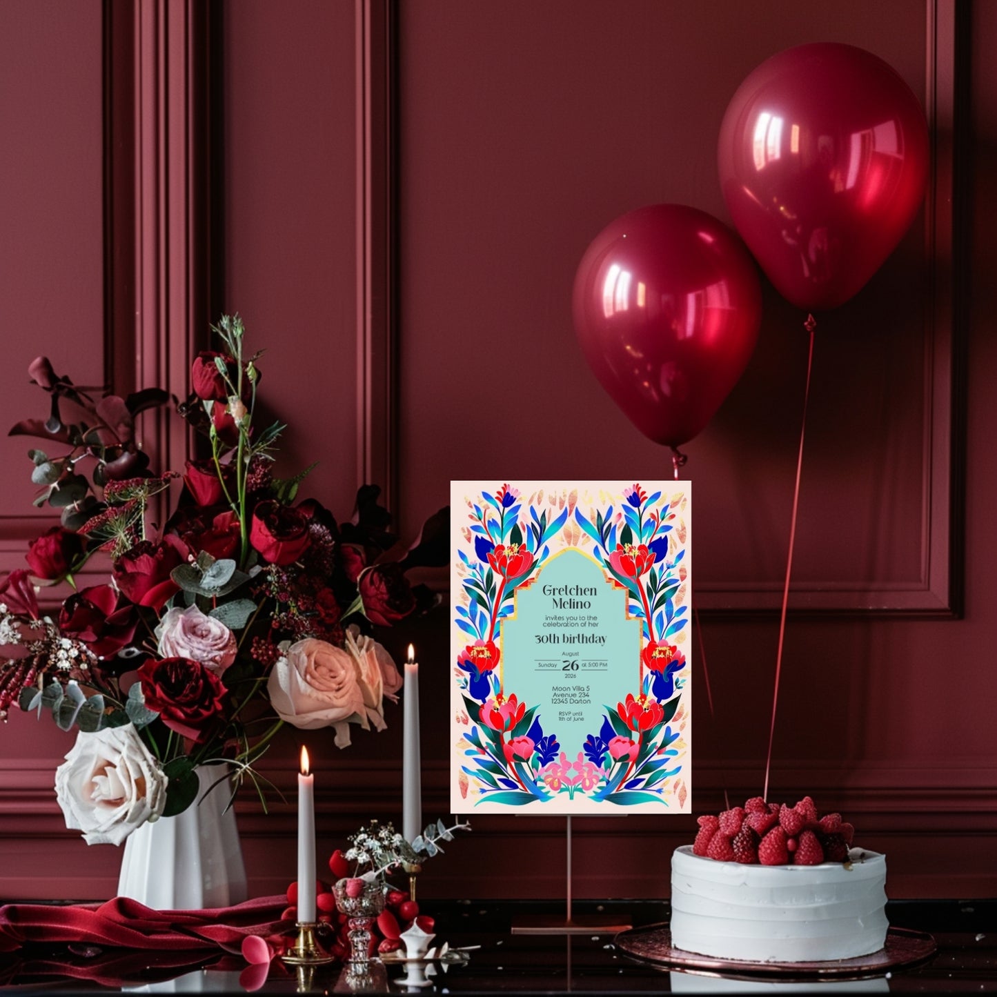 Elegant Modern Floral Folk Art Birthday Invitation