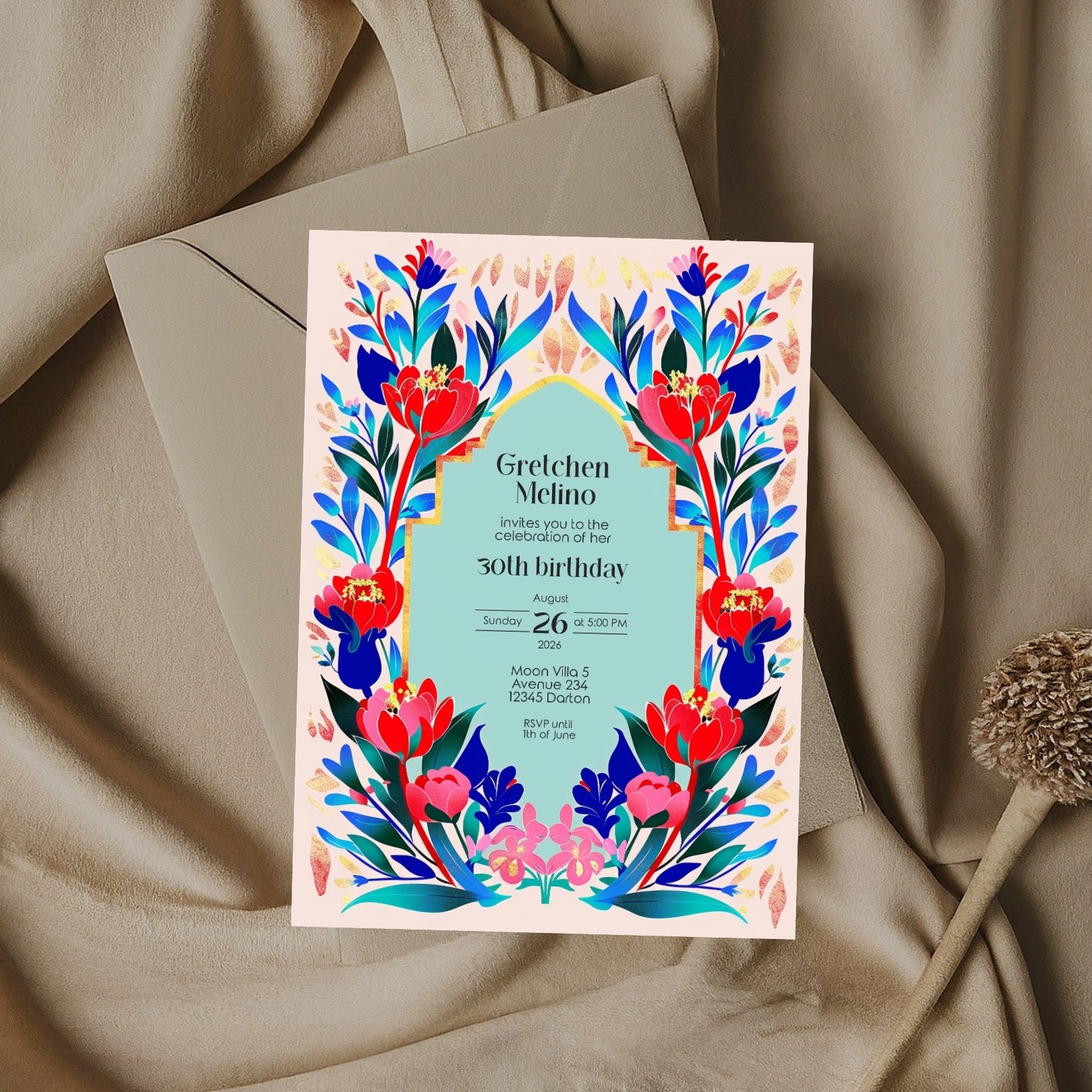 Elegant Modern Floral Folk Art Birthday Invitation