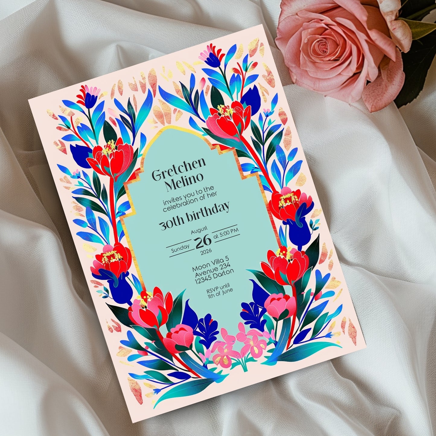 Elegant Modern Floral Folk Art Birthday Invitation