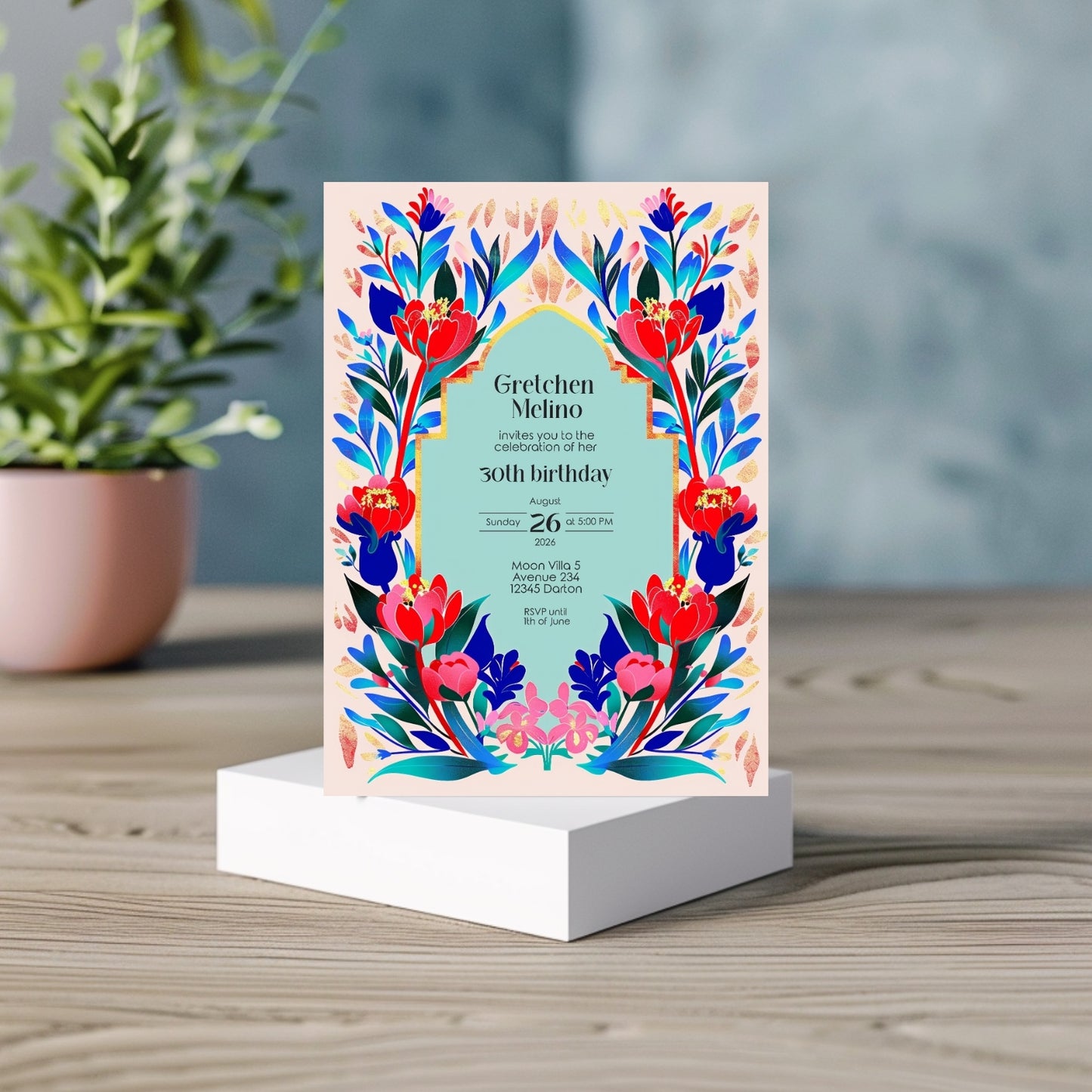 Elegant Modern Floral Folk Art Birthday Invitation