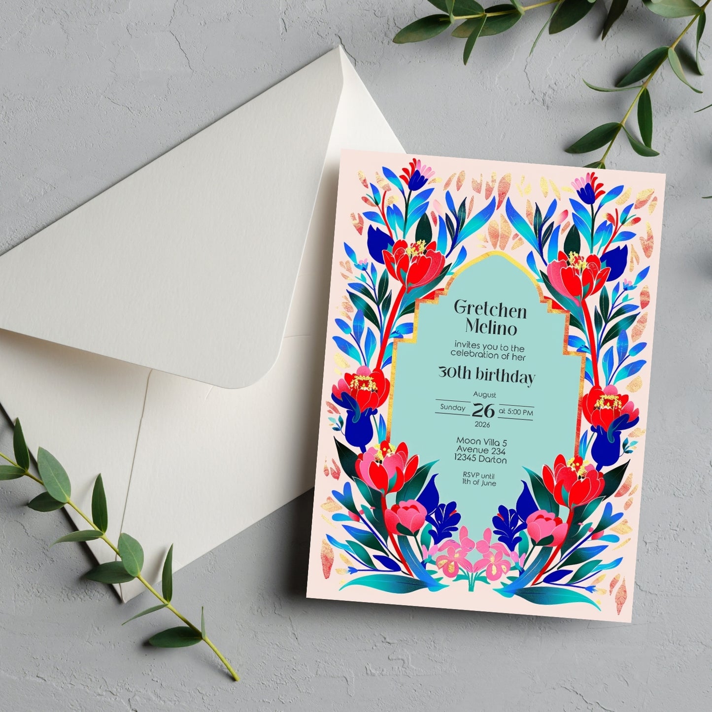 Elegant Modern Floral Folk Art Birthday Invitation