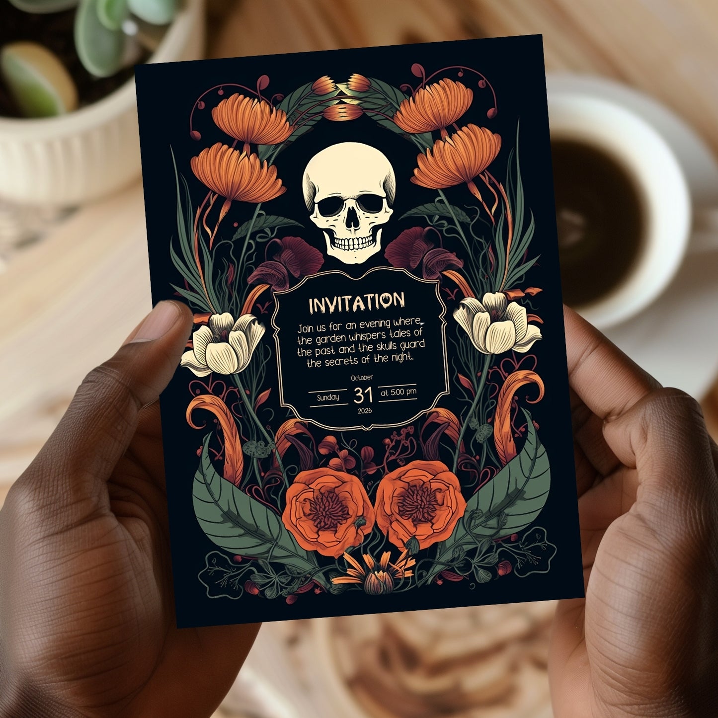 Enchanted Forest Halloween Invitation - Skulls & Butterflies in Art Nouveau Style