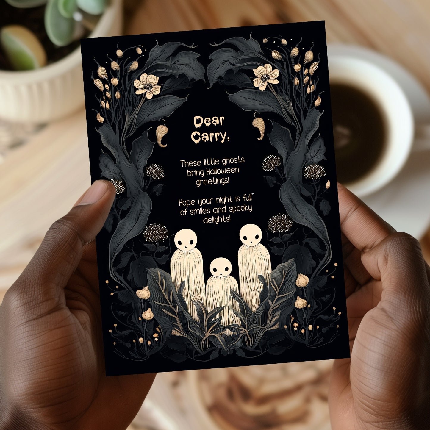 Whimsical Gothic Halloween Invitation - Cute Ghost and Botanical Design