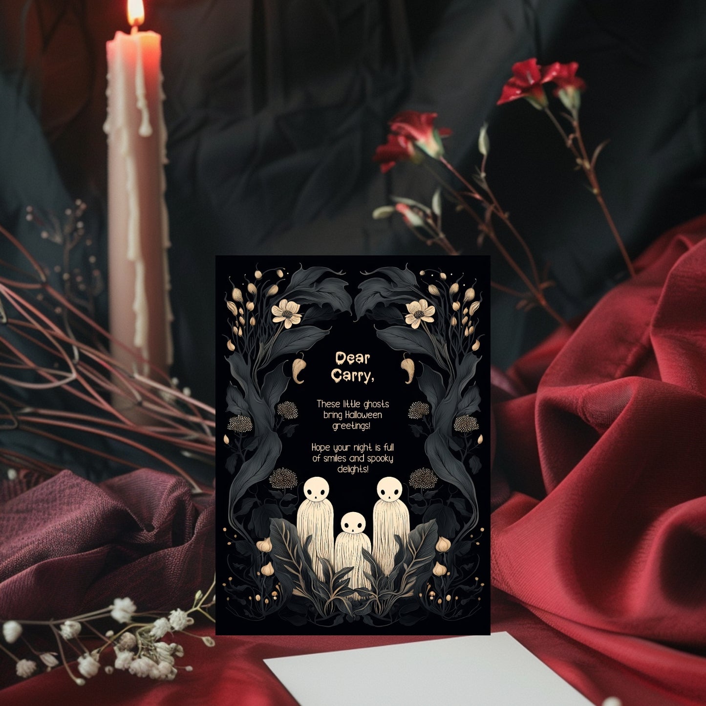 Whimsical Gothic Halloween Invitation - Cute Ghost and Botanical Design