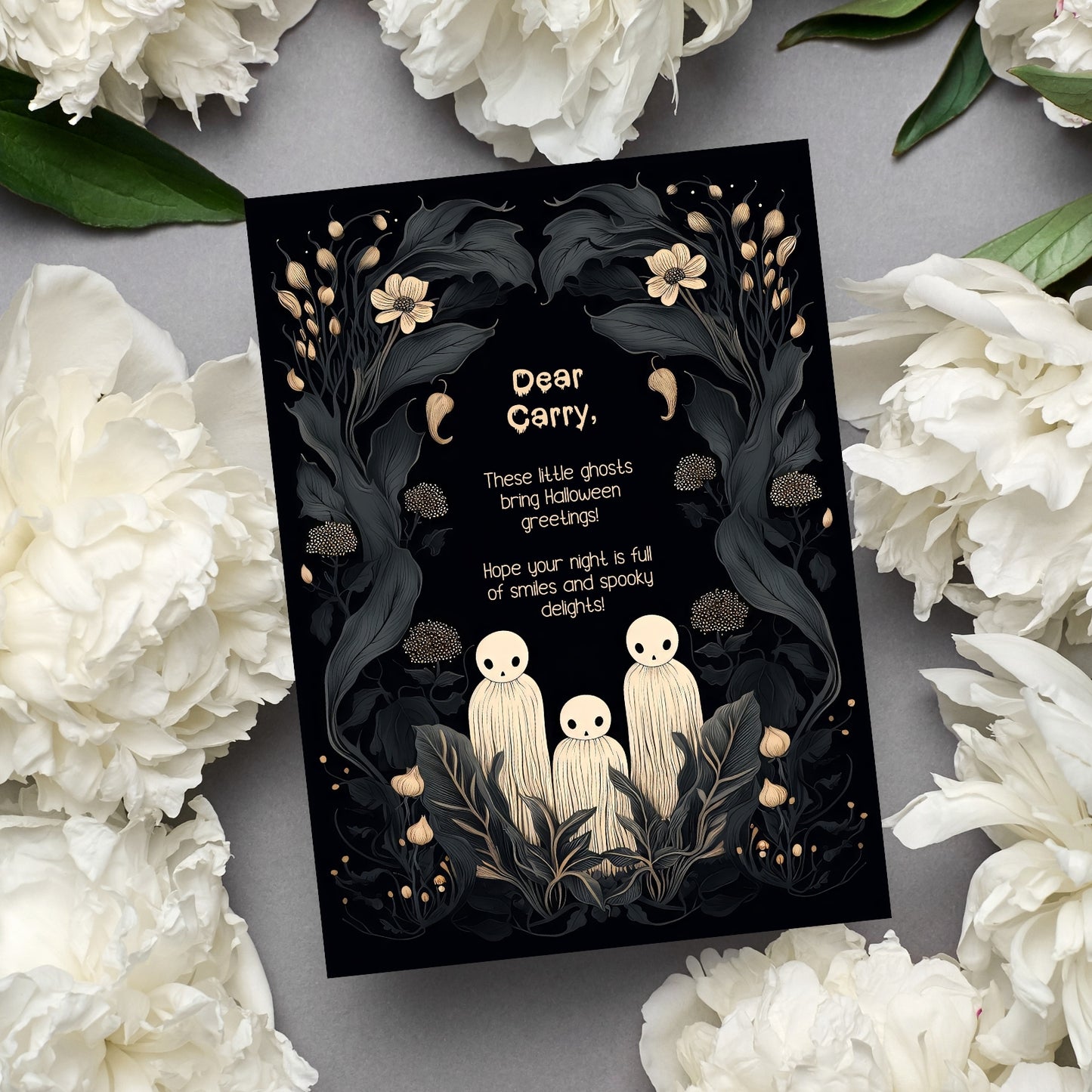 Whimsical Gothic Halloween Invitation - Cute Ghost and Botanical Design