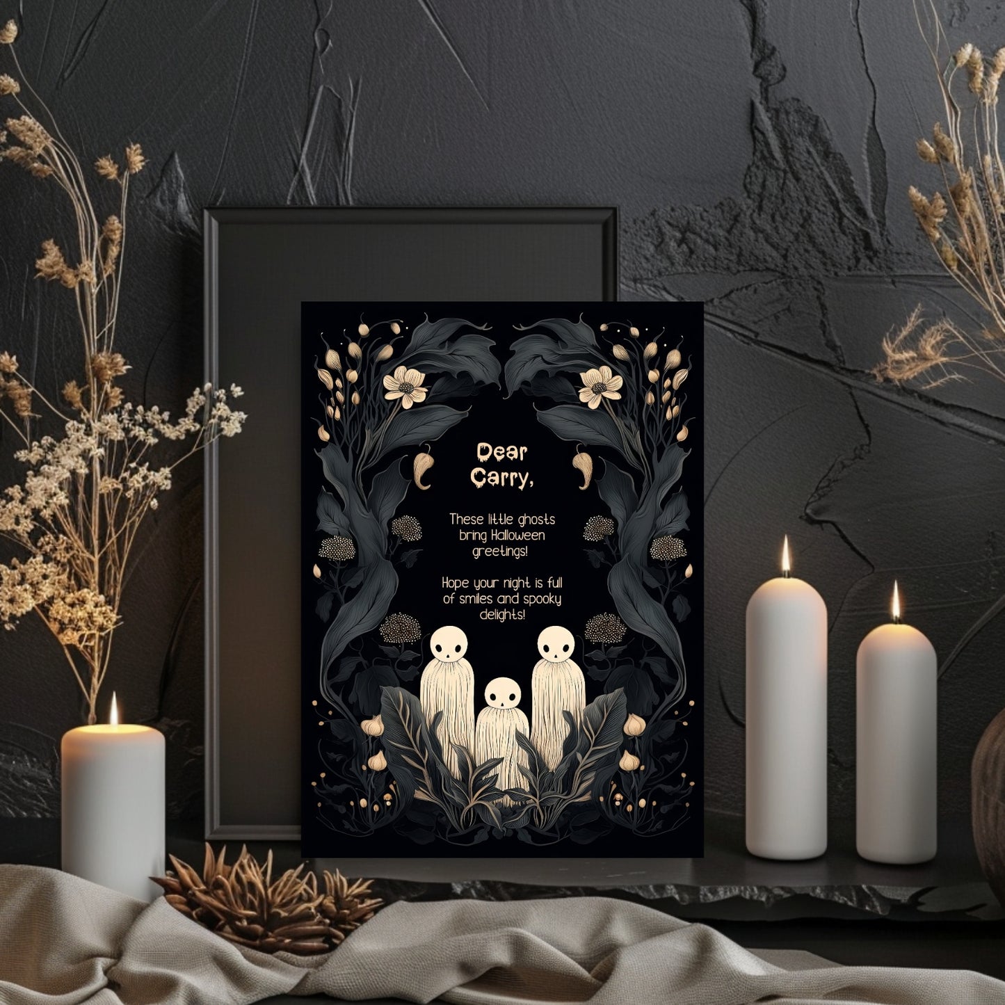 Whimsical Gothic Halloween Invitation - Cute Ghost and Botanical Design