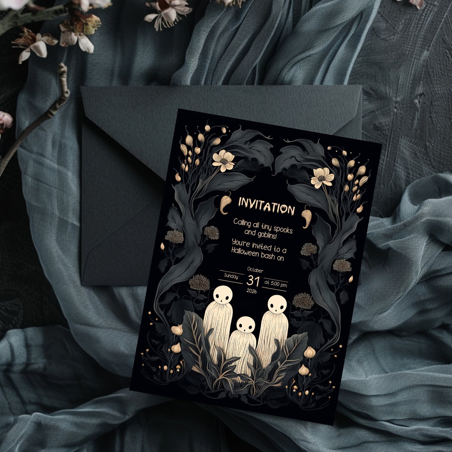 Whimsical Gothic Halloween Invitation - Cute Ghost and Botanical Design