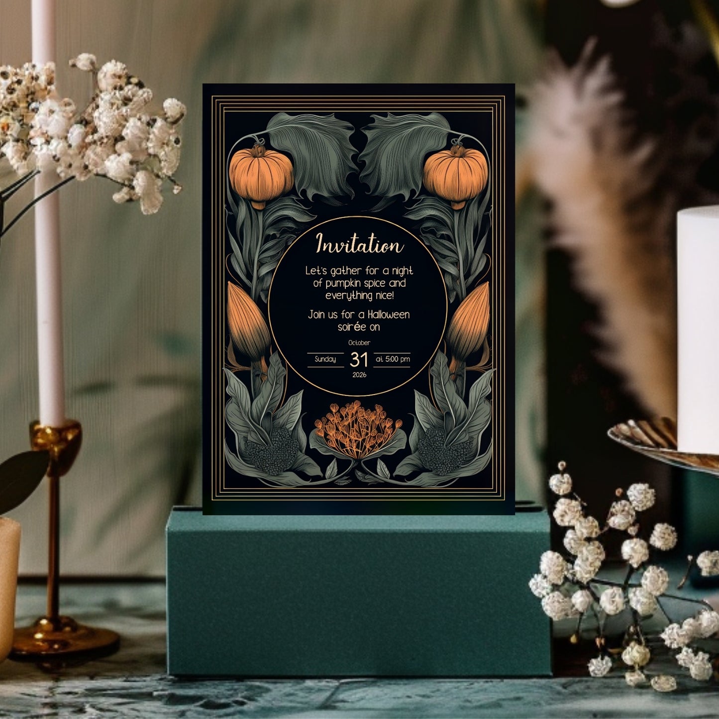Autumn Gothic Halloween Invitation - Pumpkin and Floral Harvest Design