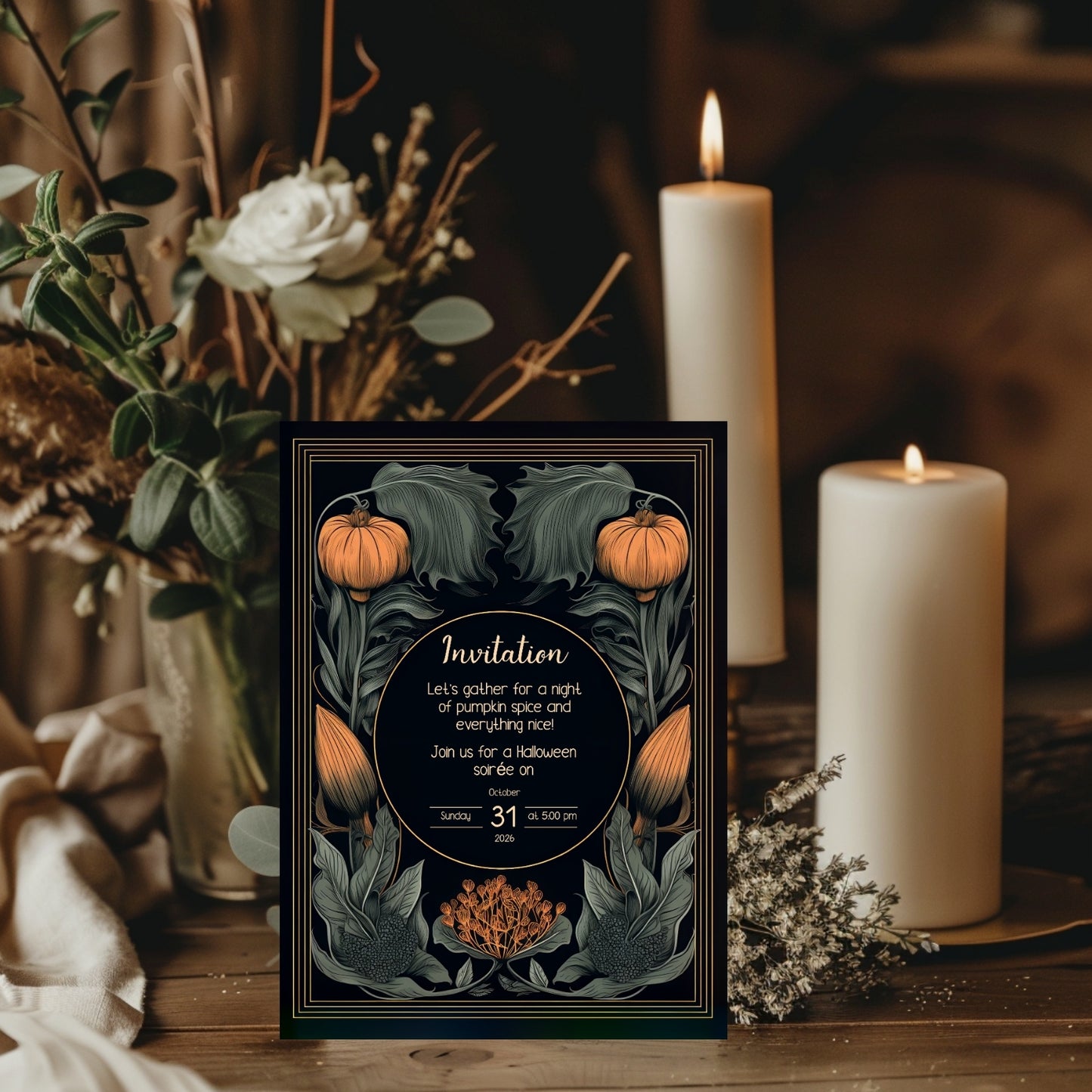 Autumn Gothic Halloween Invitation - Pumpkin and Floral Harvest Design