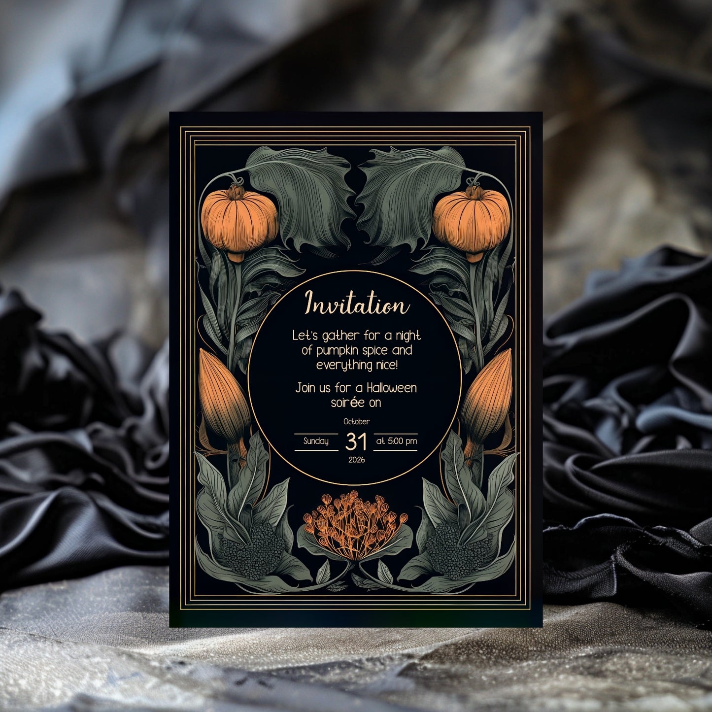 Autumn Gothic Halloween Invitation - Pumpkin and Floral Harvest Design