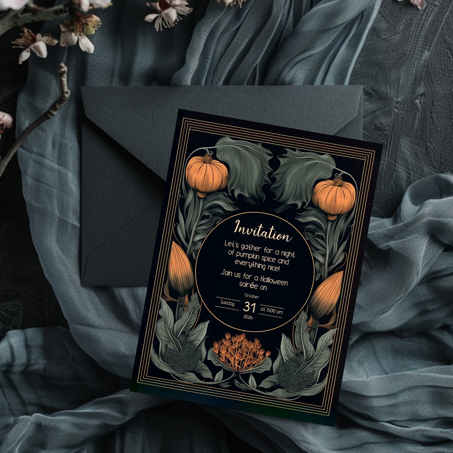 Autumn Gothic Halloween Invitation - Pumpkin and Floral Harvest Design