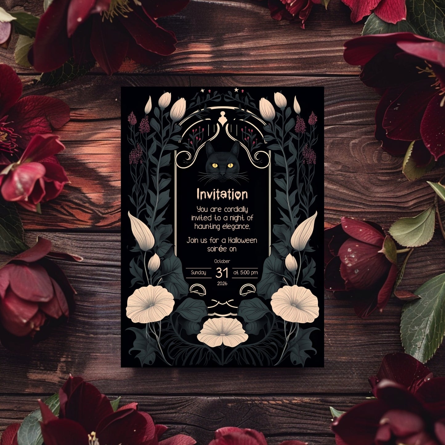 Gothic Art Nouveau Halloween Invitation - Mystic Black Cat
