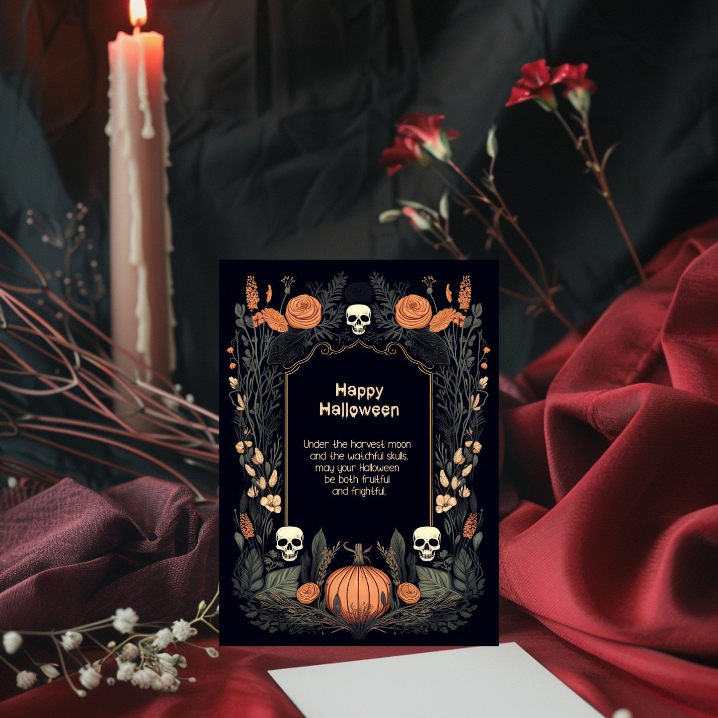 Harvest Gothic Halloween Invitation - Pumpkin and Skull Autumnal Design