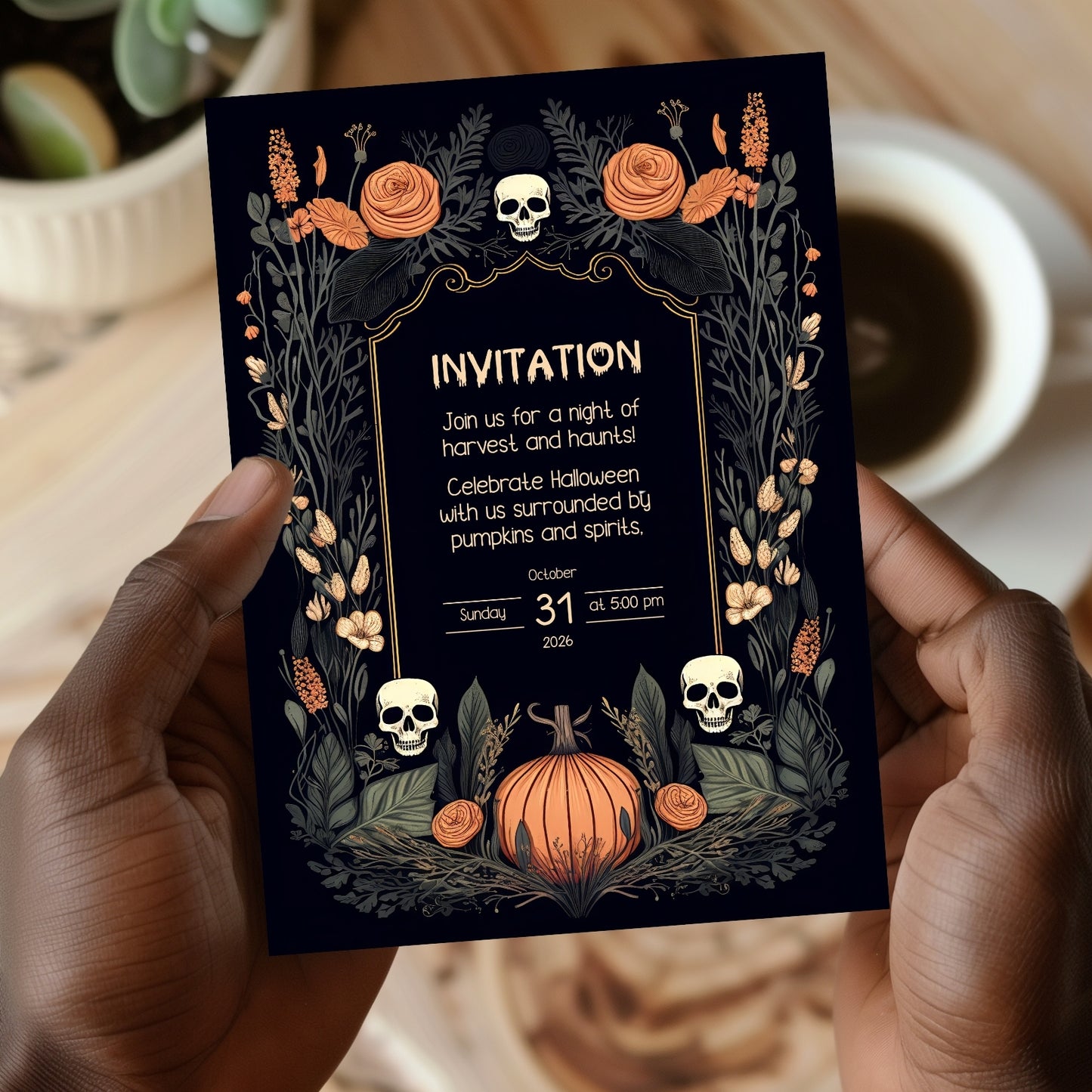 Harvest Gothic Halloween Invitation - Pumpkin and Skull Autumnal Design