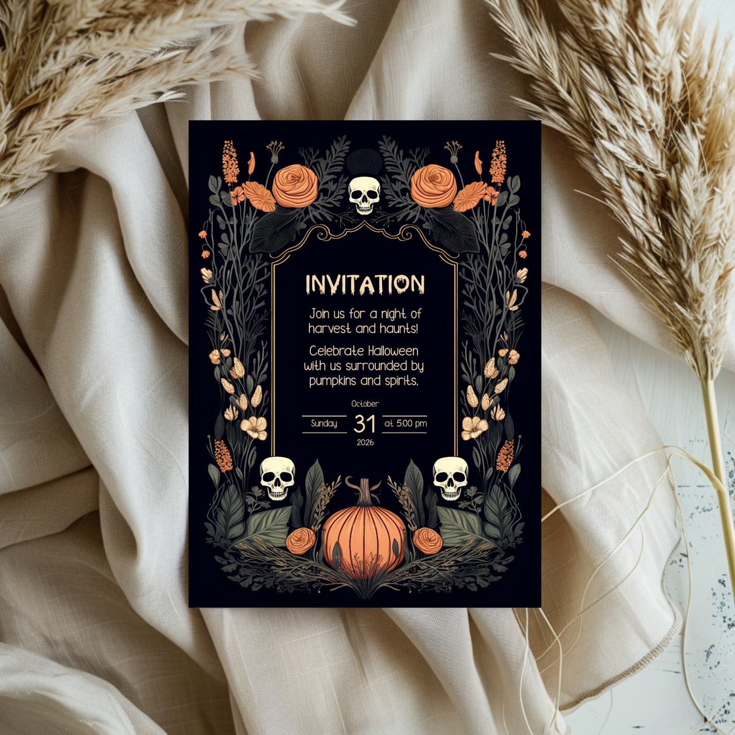 Harvest Gothic Halloween Invitation - Pumpkin and Skull Autumnal Design