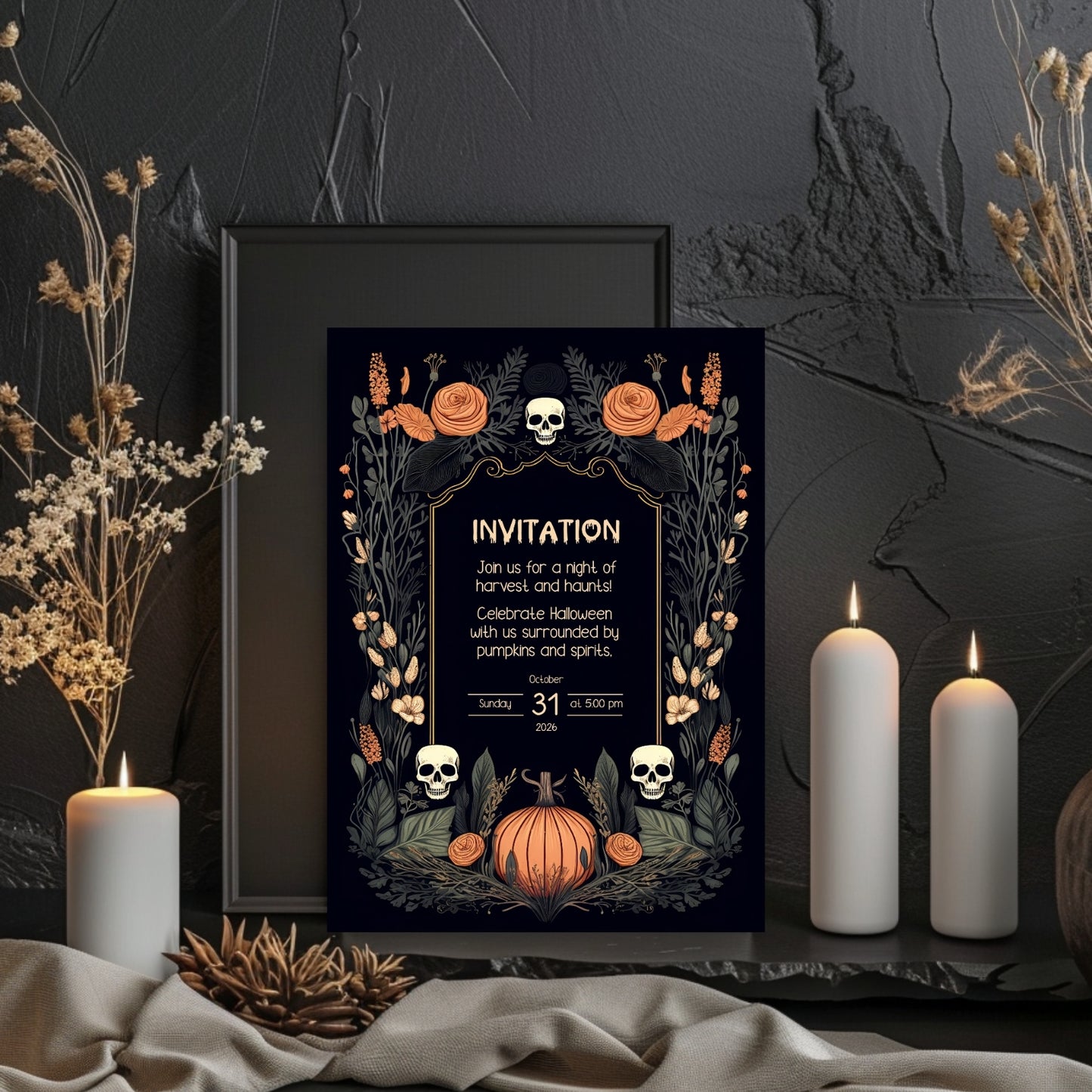 Harvest Gothic Halloween Invitation - Pumpkin and Skull Autumnal Design