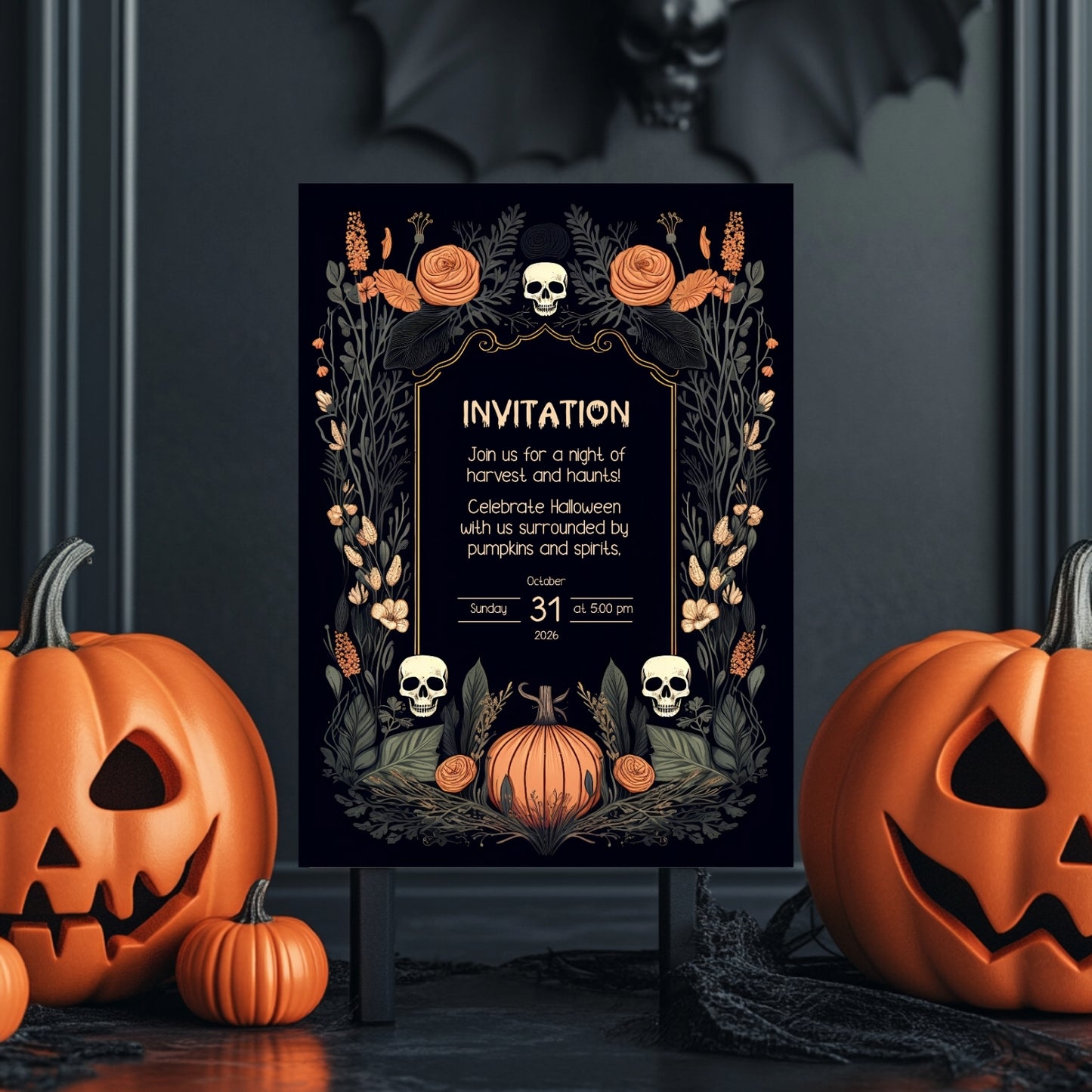 Harvest Gothic Halloween Invitation - Pumpkin and Skull Autumnal Design