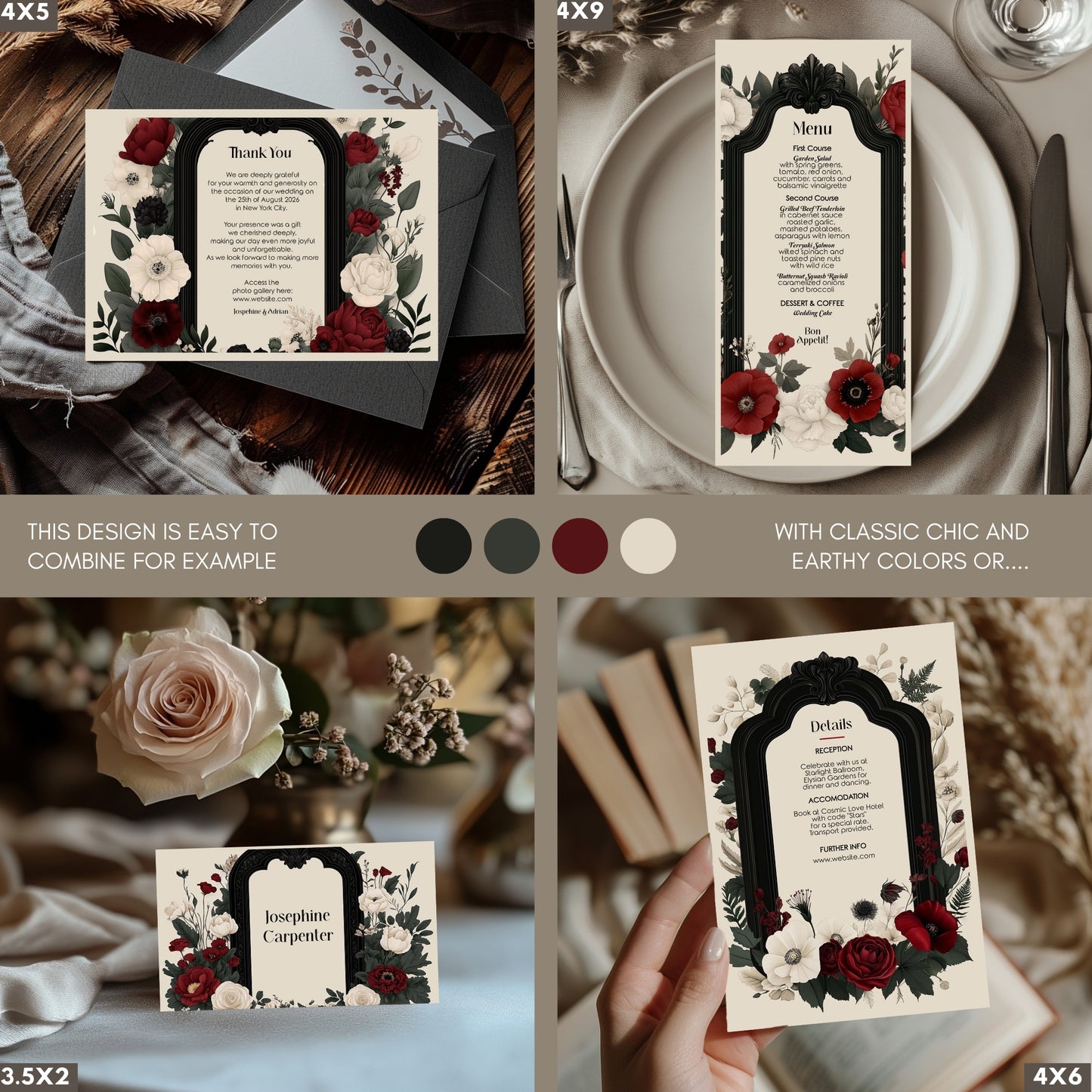 Wedding invitation stationary with burgundy flowers on a textured surface with candles and flowers.