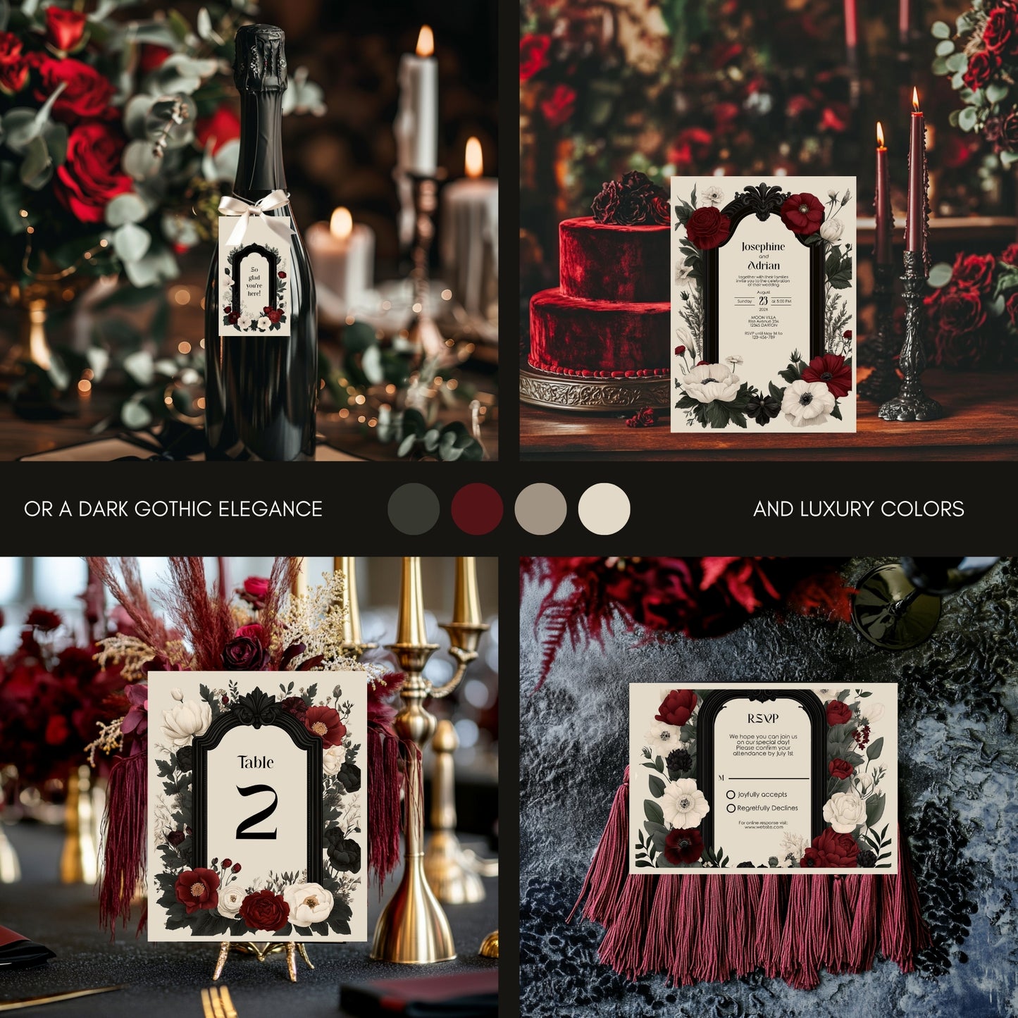 Gothic Romance Wedding Invitation Set - Gothic Style, Arch and Flowers, Editable 8 items