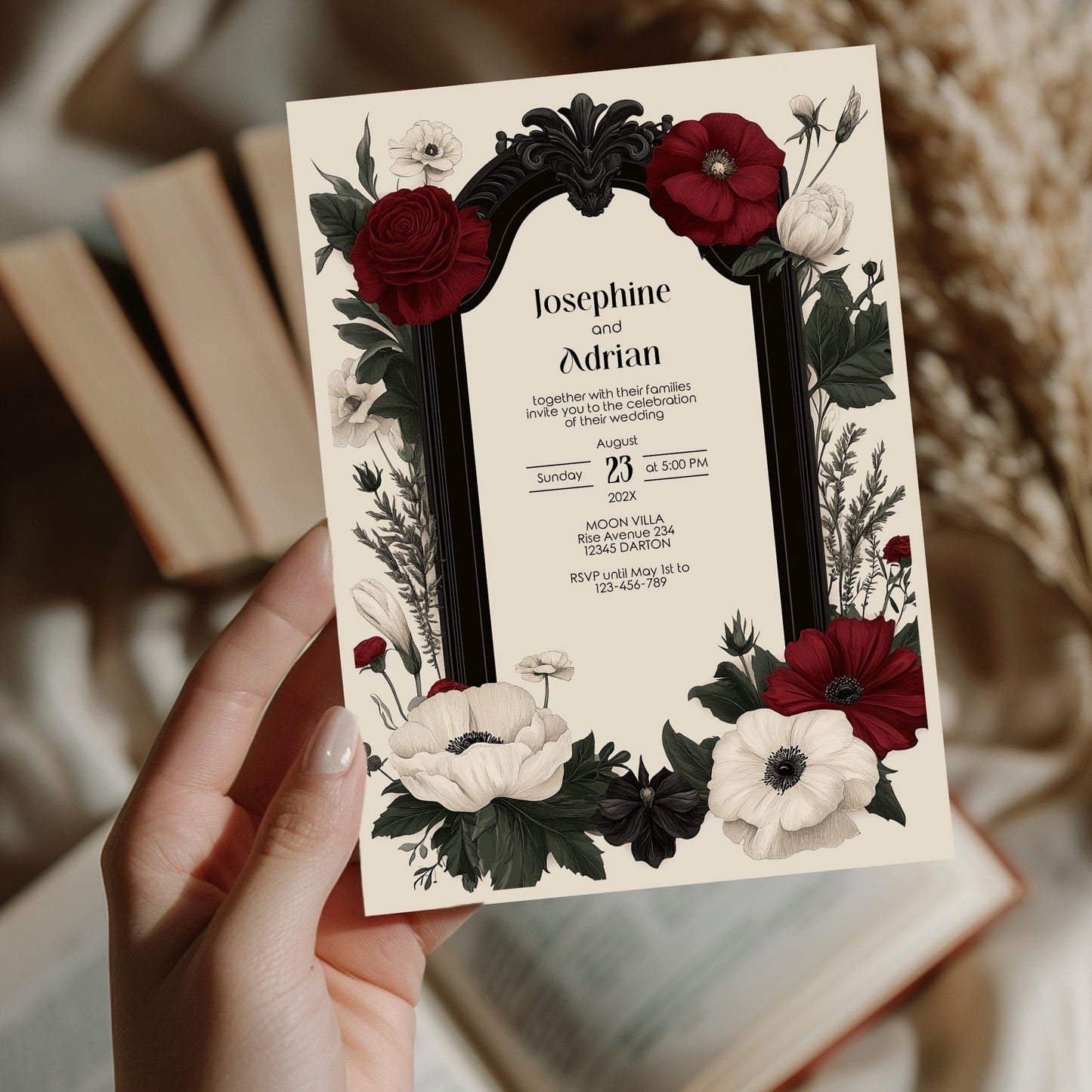 Gothic Romance Wedding Invitation Set - Gothic Style, Arch and Flowers, Editable 8 items