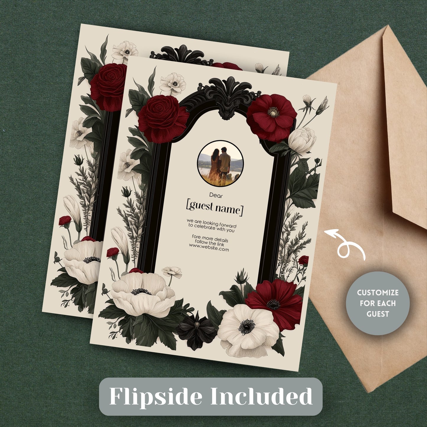 Gothic Romance Wedding Invitation Set - Gothic Style, Arch and Flowers, Editable 8 items