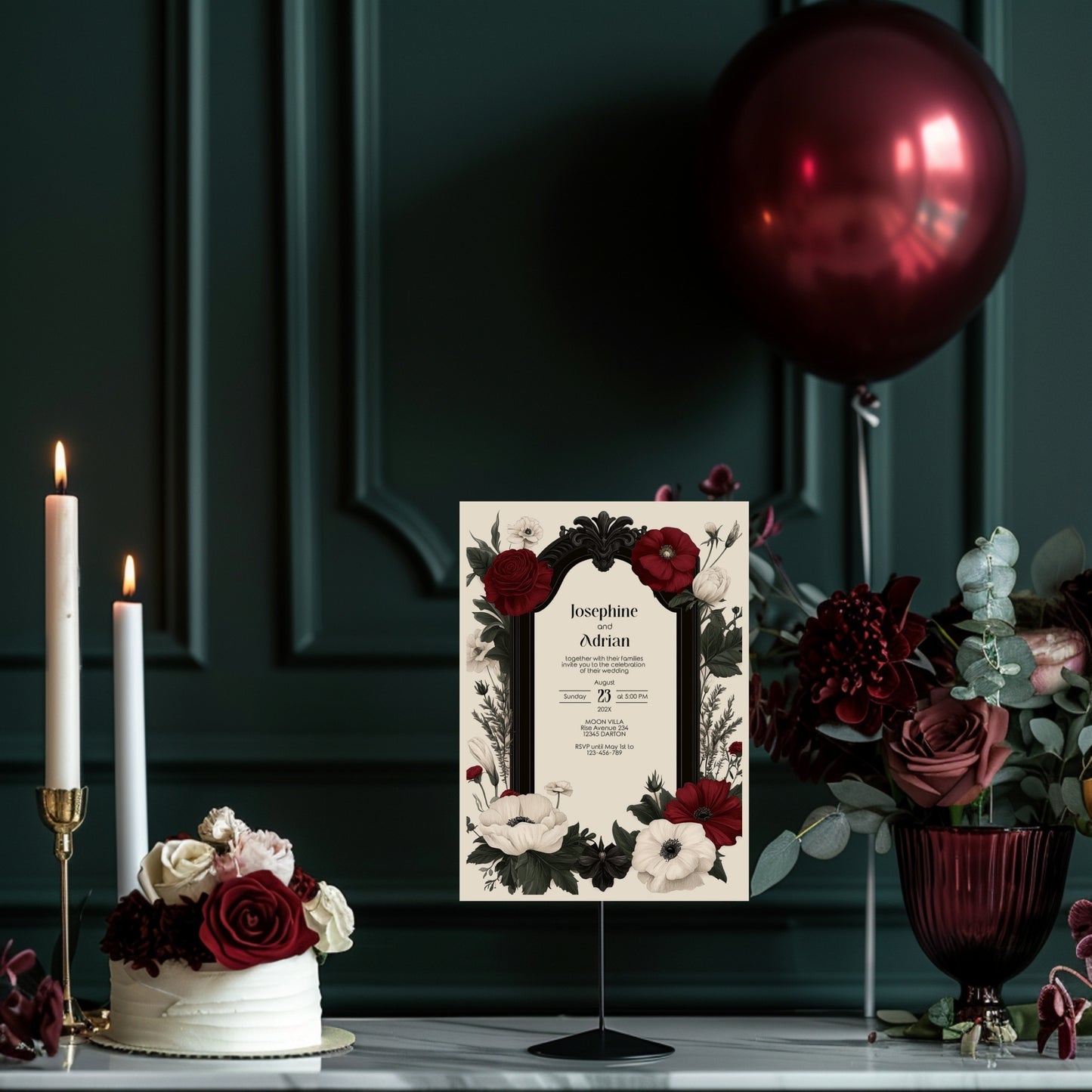 Gothic Romance Wedding Invitation Set - Gothic Style, Arch and Flowers, Editable 8 items