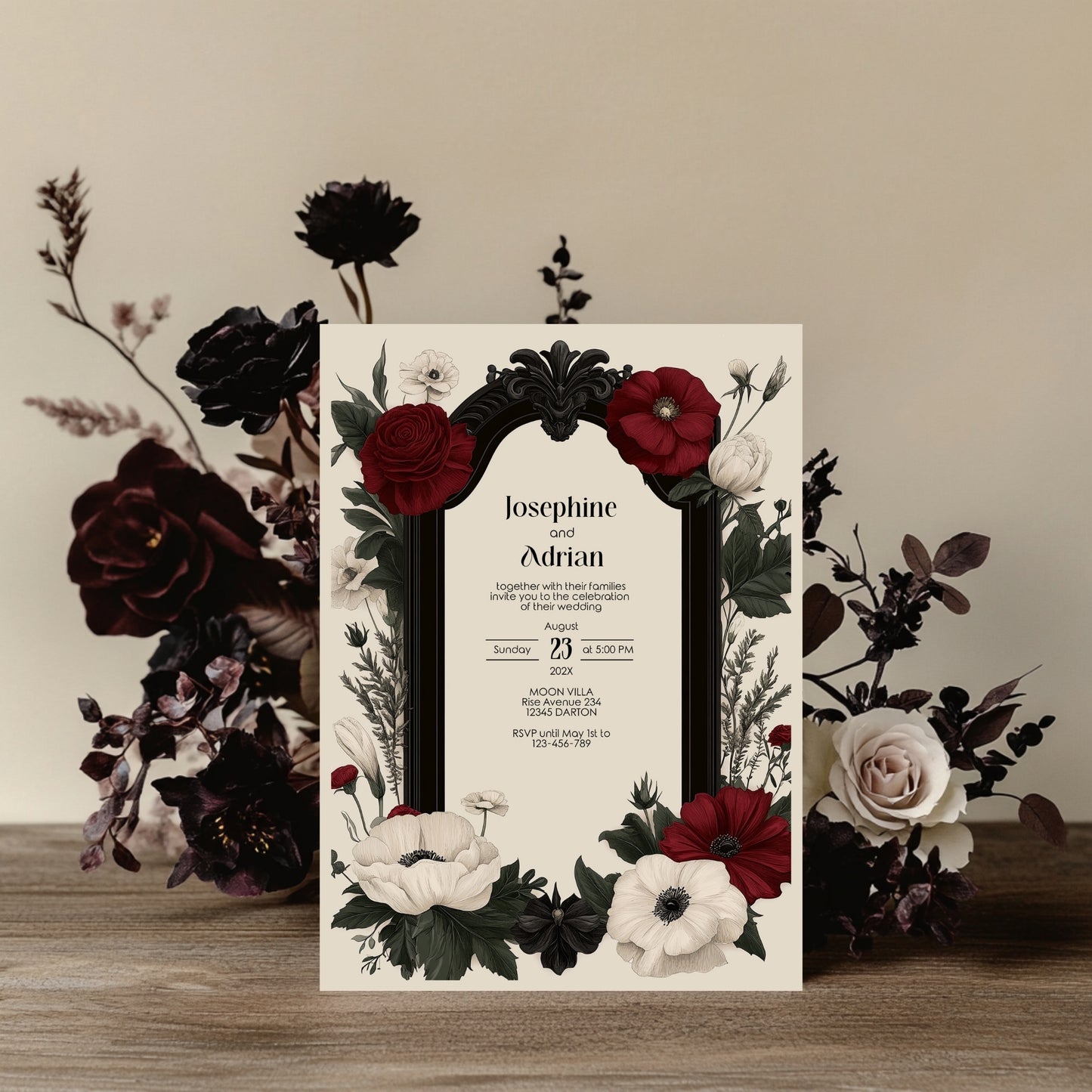 Gothic Romance Wedding Invitation Set - Gothic Style, Arch and Flowers, Editable 8 items