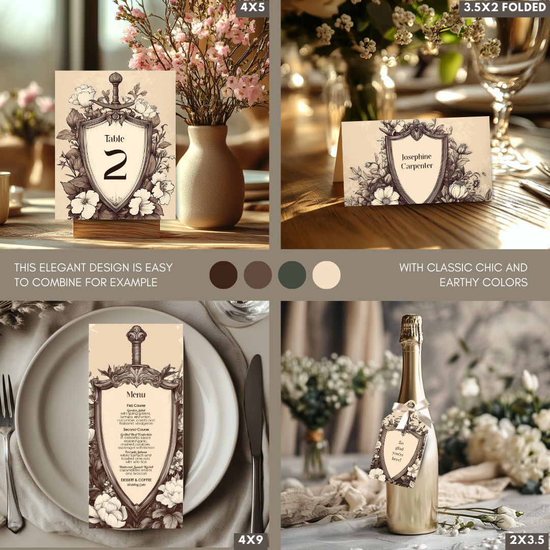 Collection of elegant vintage medieval wedding stationary with decorative designs on a table setting.