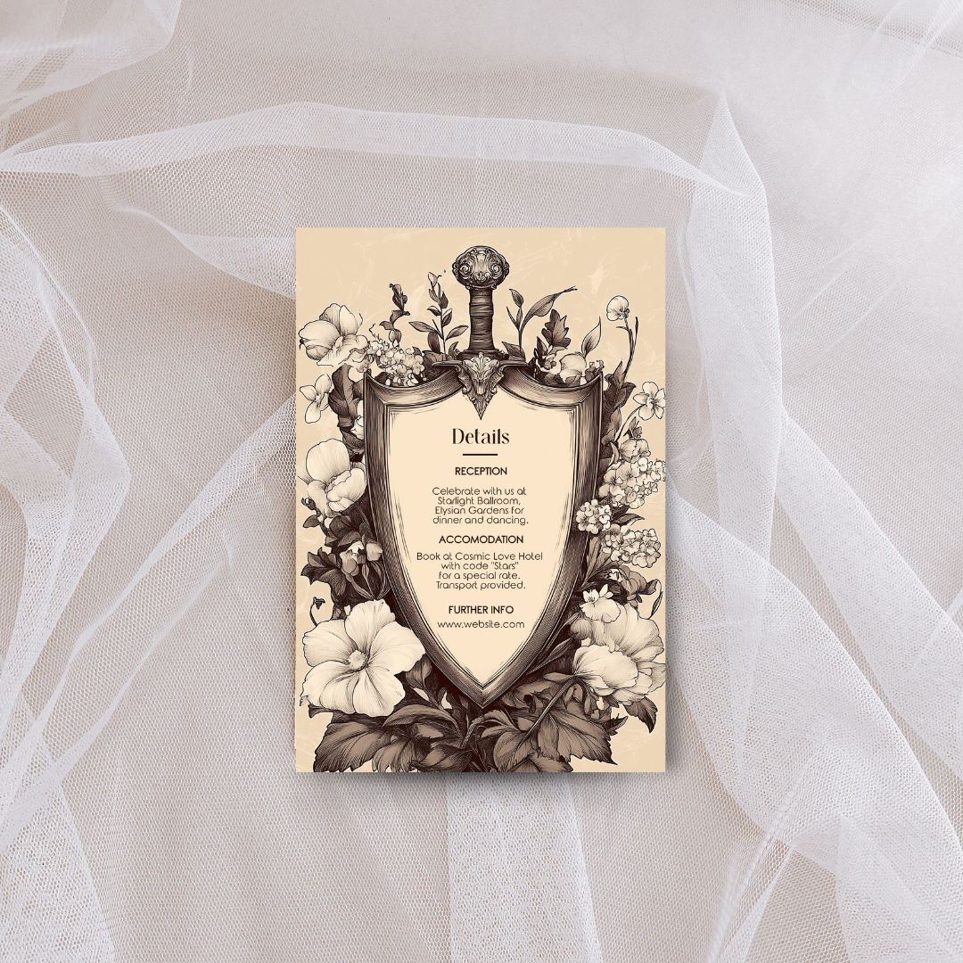 Decorative wedding details card with floral and shield design on a beige background