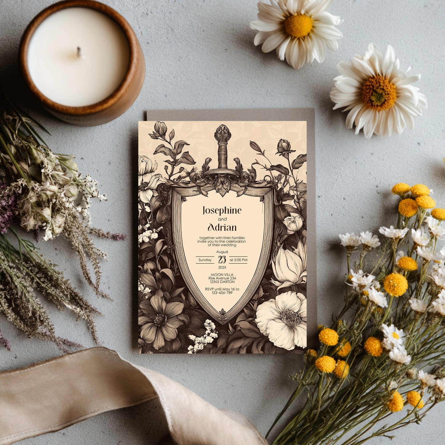 Vintage Gothic Wedding Invitation Set, Medieval Baroque Shield Stationery Bundle, Editable 8 items