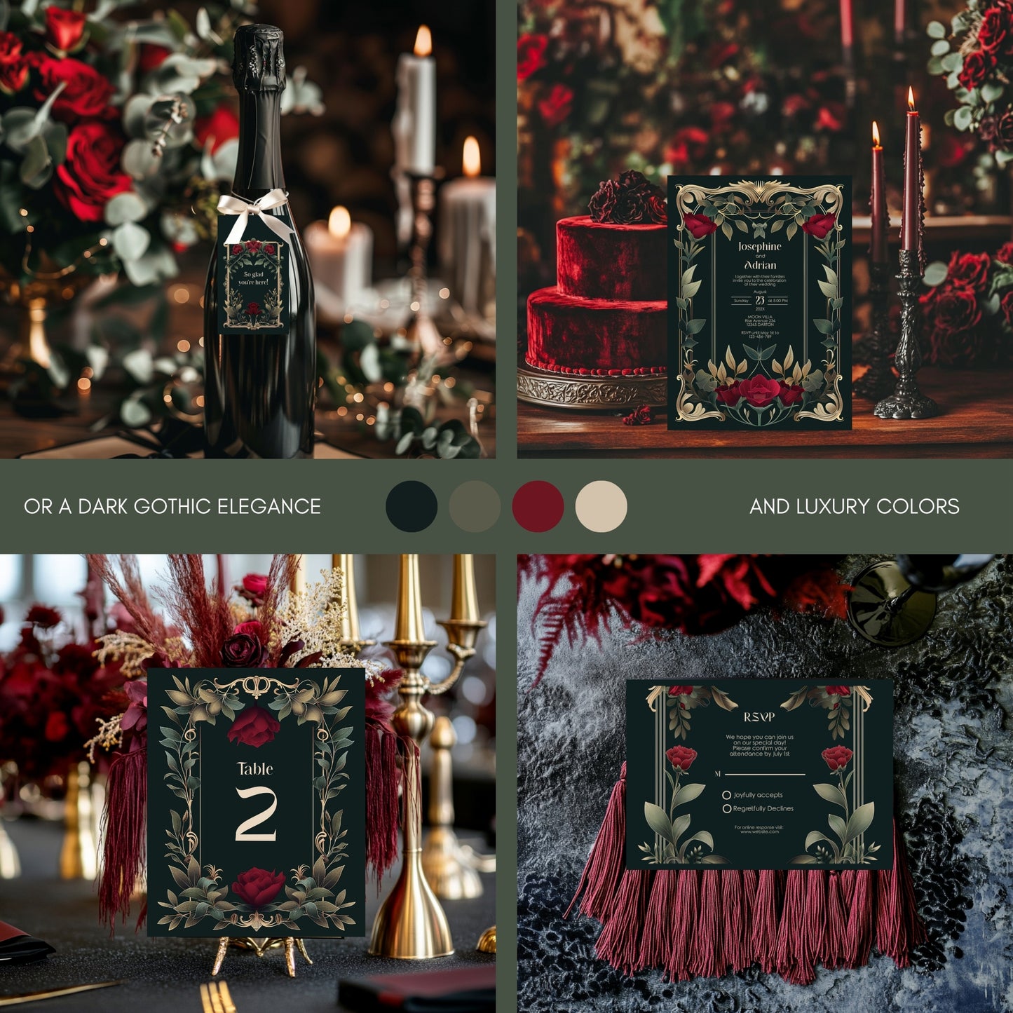 Gothic Roses Wedding Invitation Set - Gothic Botanical Garden, Gold Frame, Editable 8 items