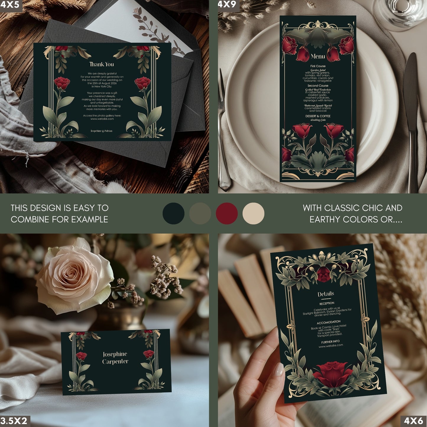 Gothic Roses Wedding Invitation Set - Gothic Botanical Garden, Gold Frame, Editable 8 items
