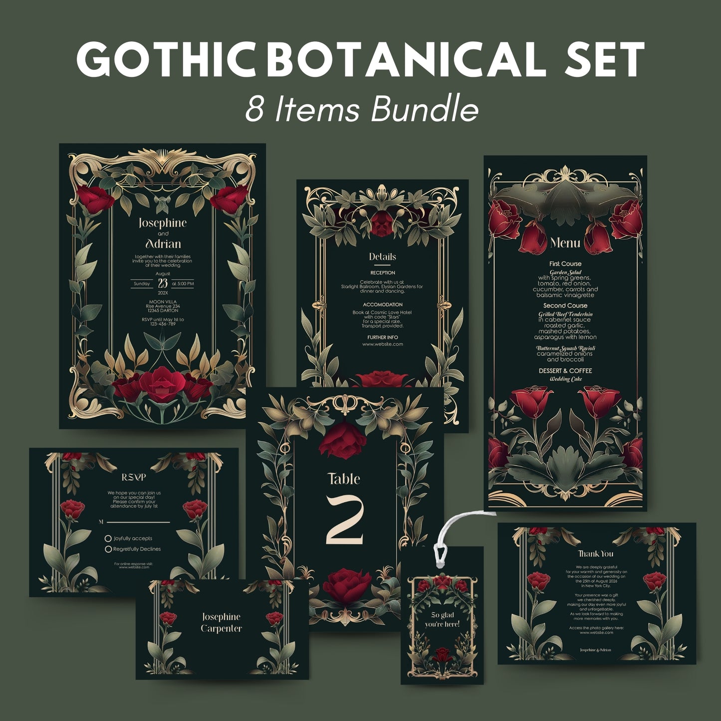 Gothic Roses Wedding Invitation Set - Gothic Botanical Garden, Gold Frame, Editable 8 items
