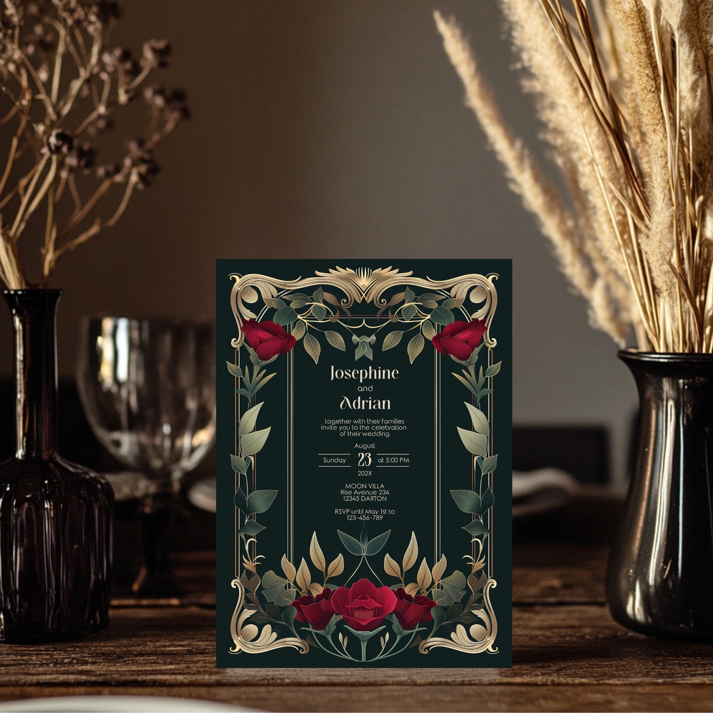 Gothic Roses Wedding Invitation Set - Gothic Botanical Garden, Gold Frame, Editable 8 items