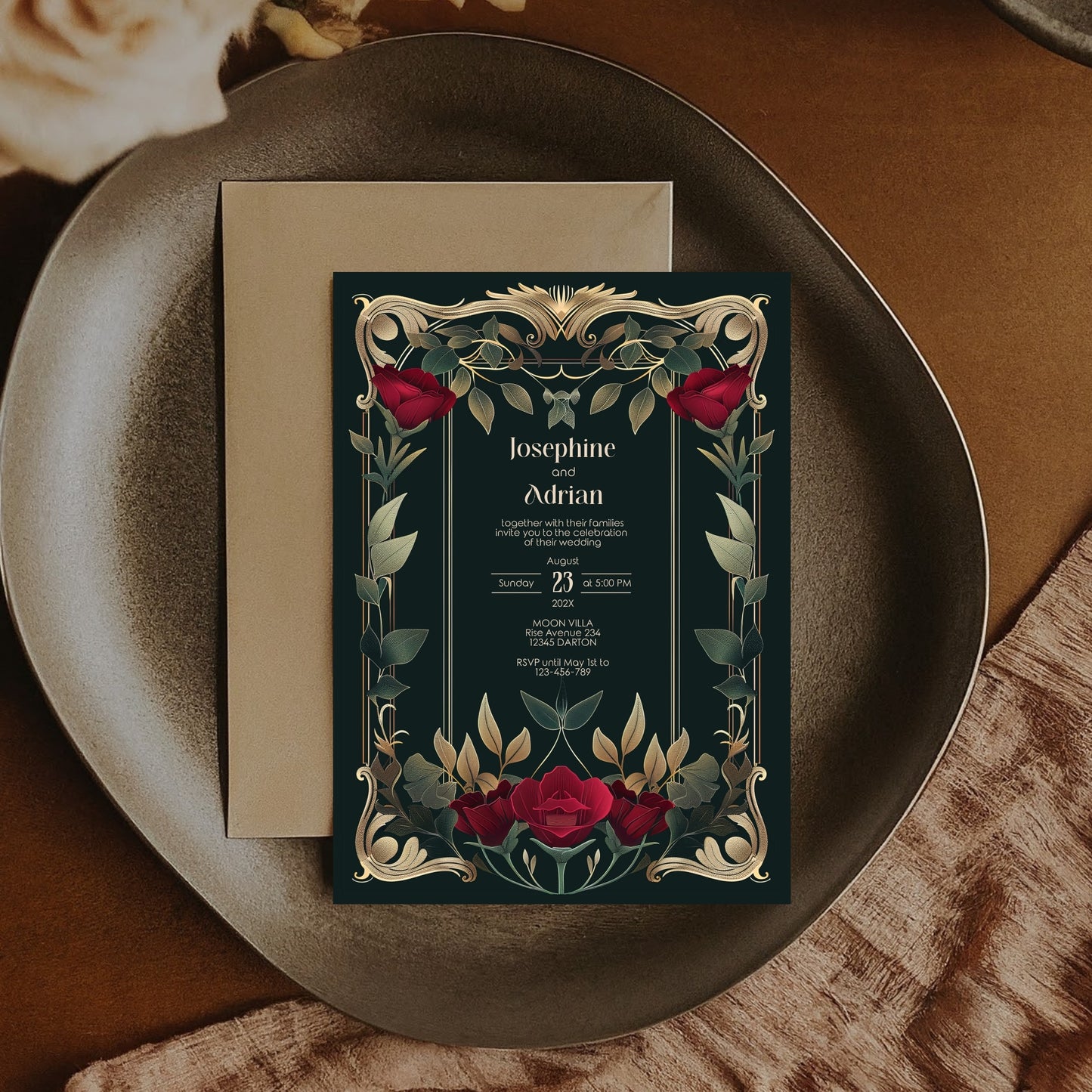Gothic Roses Wedding Invitation Set - Gothic Botanical Garden, Gold Frame, Editable 8 items