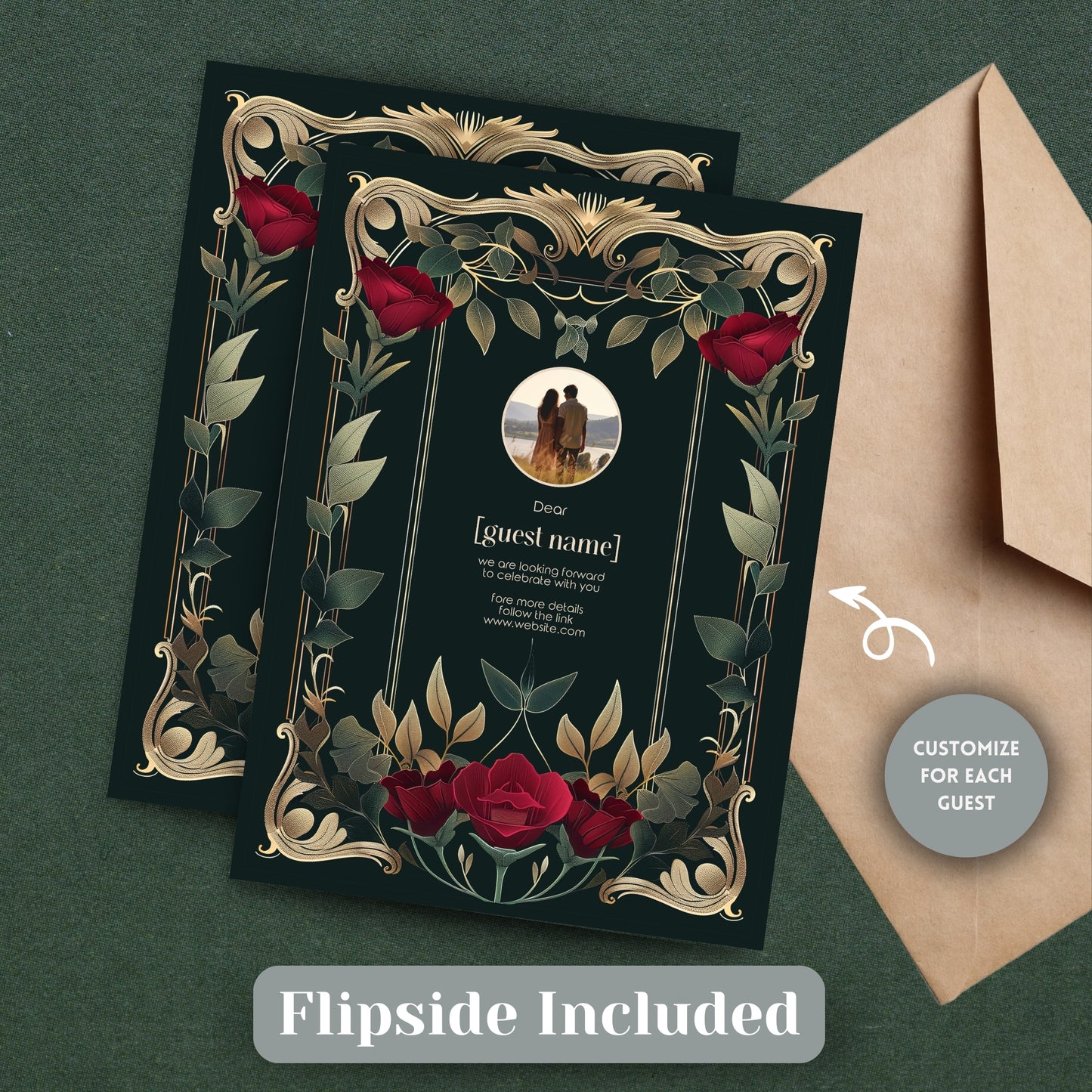 Gothic Roses Wedding Invitation Set - Gothic Botanical Garden, Gold Frame, Editable 8 items
