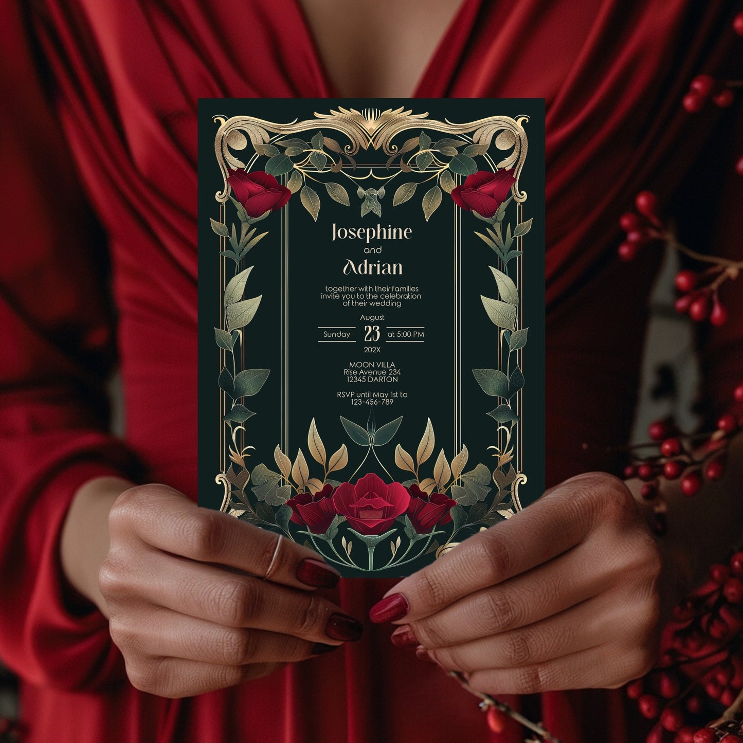 Gothic Roses Wedding Invitation Set - Gothic Botanical Garden, Gold Frame, Editable 8 items