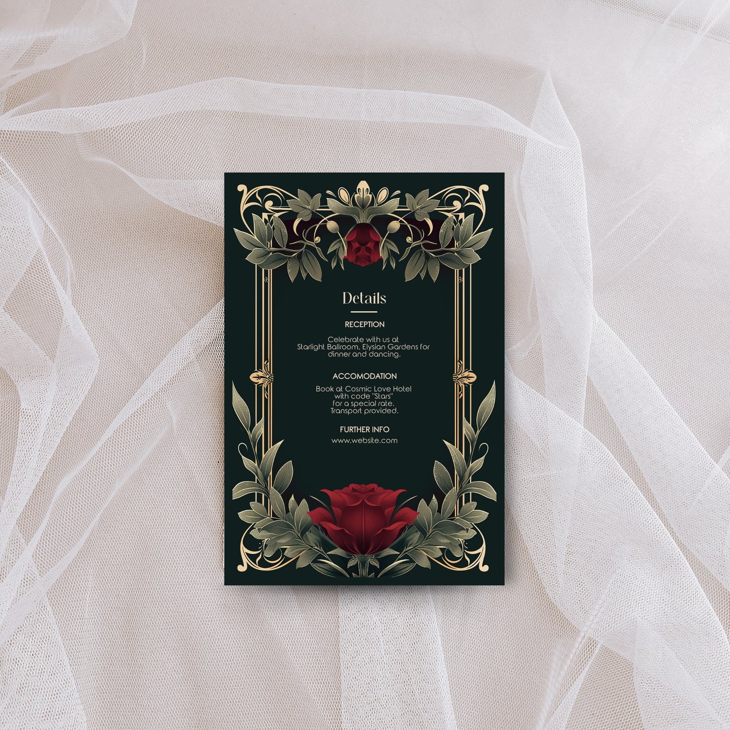 Gothic Roses Wedding Invitation Set - Gothic Botanical Garden, Gold Frame, Editable 8 items