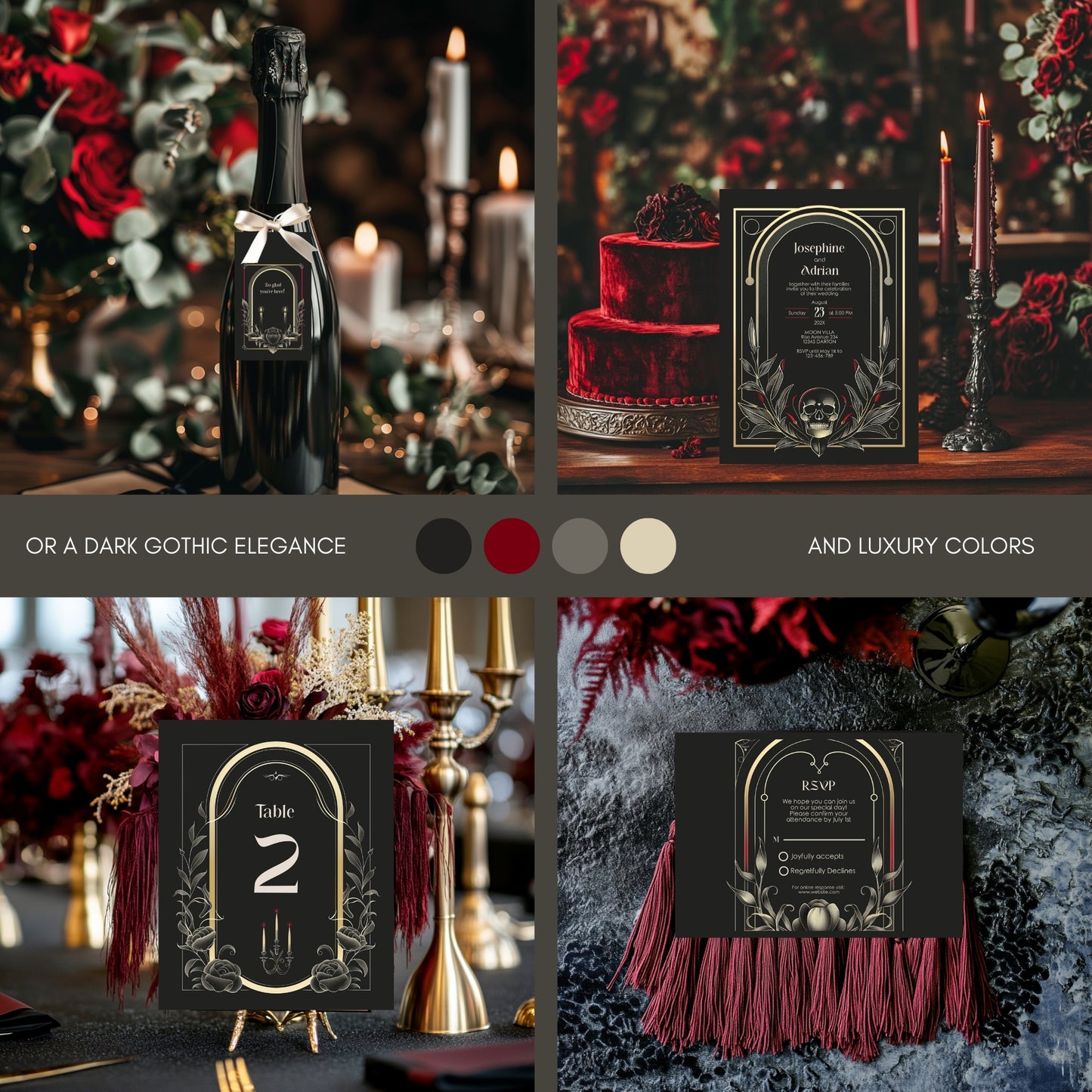 Collage of 4 gothic skull wedding stationary items on dark and luxurious wedding decor with champagne bottle, cake, and table settings.
