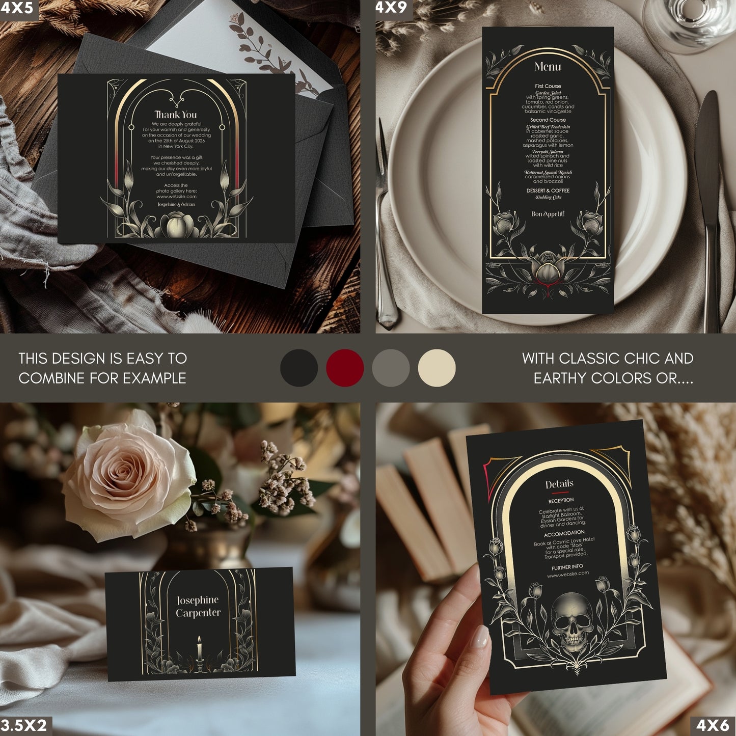Collage of black gothic wedding stationary items like menu card, name card, details card, thank you card with decorative designs on a table setting.