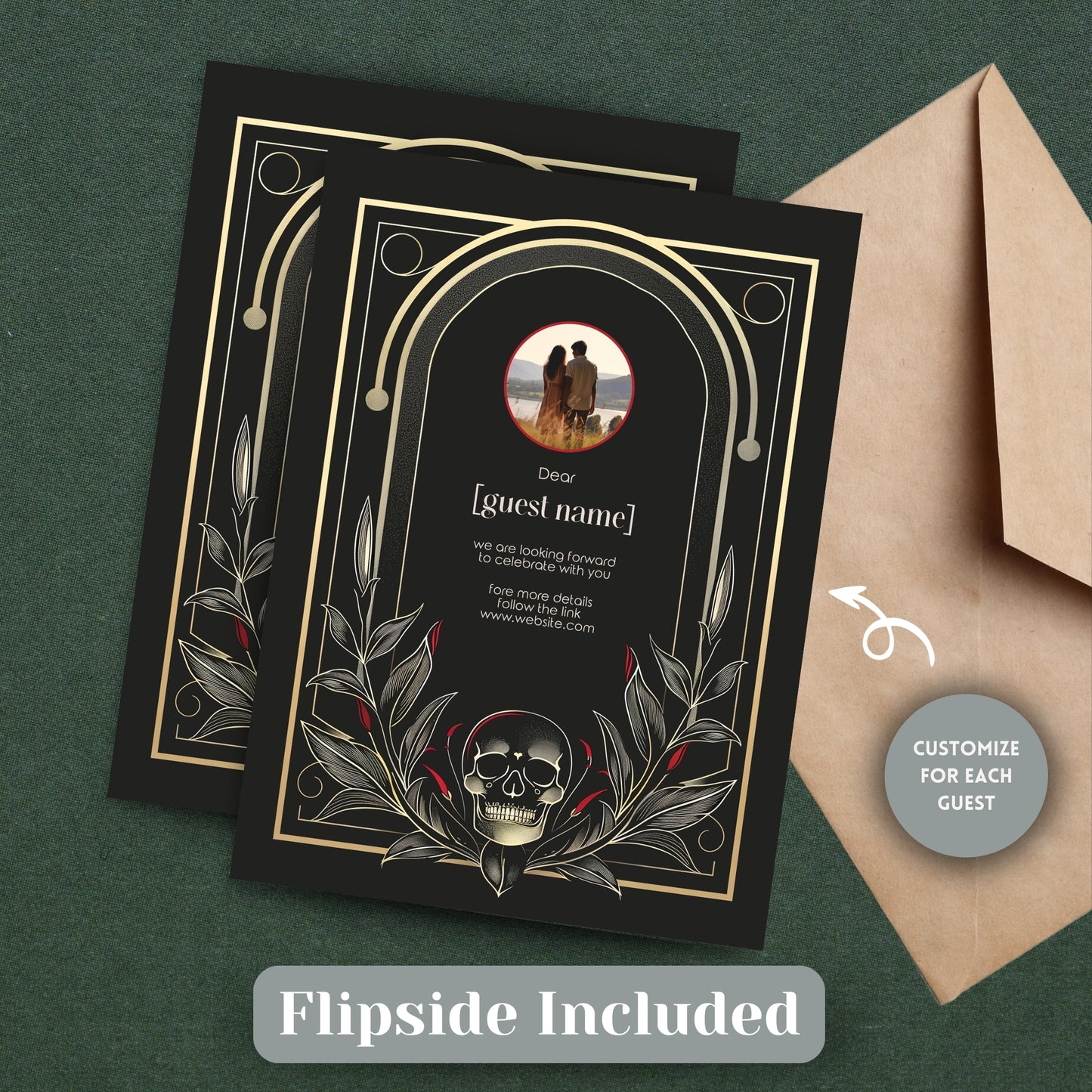 Gothic-style invitation card with skull design and personal image upload on a green background